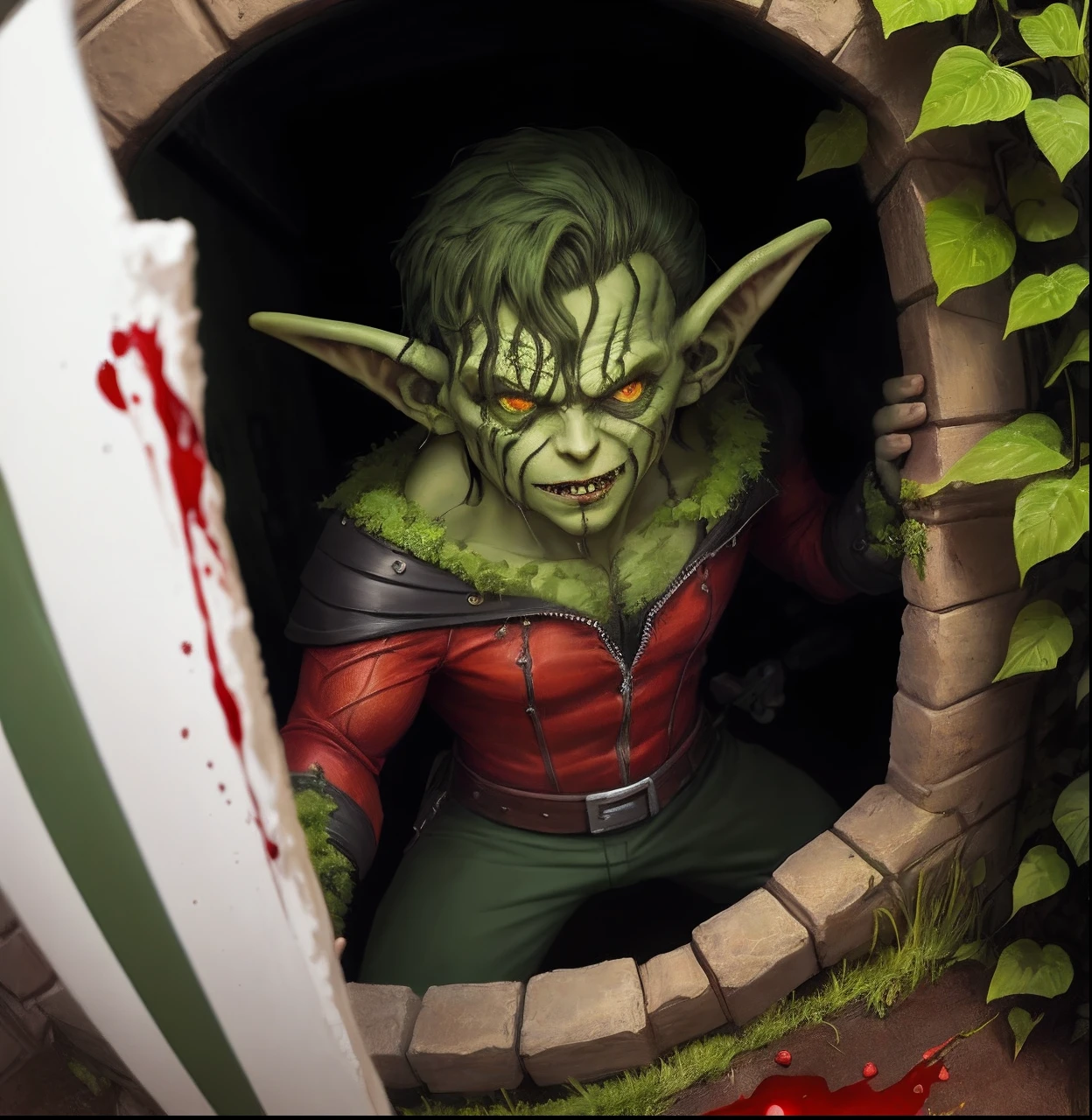 A ten year old succubus, de cabelo loiro curto e frisado, wearing red dragon hooded pajamas with pull down ass flap to expose ass, having a sexual orgy happily inside an ancient mausoleum, illuminated by will-o'-the-wisp balls, Rear view, aproximada 25%, qualidade HD, getting fucked by a goblin, giving 2 goblins a handjob