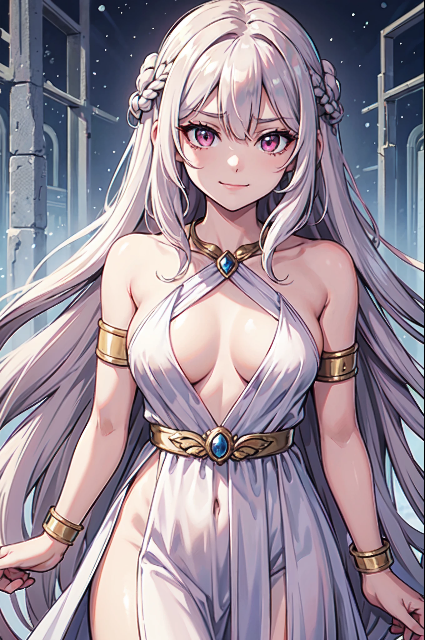 masterpiece, best quality, 1girl, solo, long hair, light hair, wavy hair, platinum hair, hair bangs, petite, (small breasts:0.9), pink eyes, hair between eyes, evil smile, wearing a peplos, ancient greek dress, gold bracelets, arms behind back, head tilt, evil queen, royalty, goddess, winter, winter forest, face only, upper body