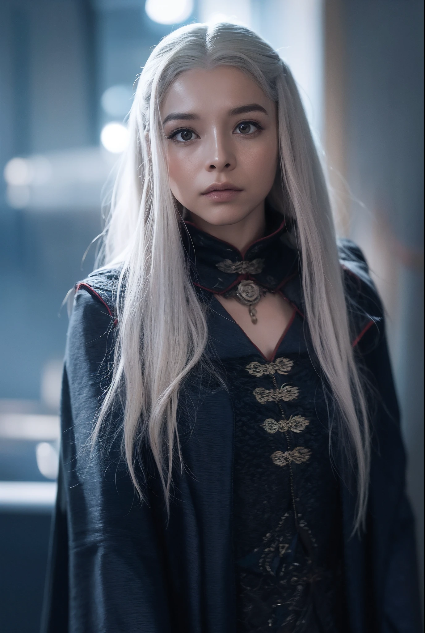 Fotografia de Uma rainha Targaryen sob a luz da lua, cabelos prateados, rosto de HaenyraTargaryen. a background dragon. Relista, altamente detalhado, rosto detalhado, intrincado, cores vibrantes, Sombras realistas, textura de pele altamente realista, altamente detalhado.