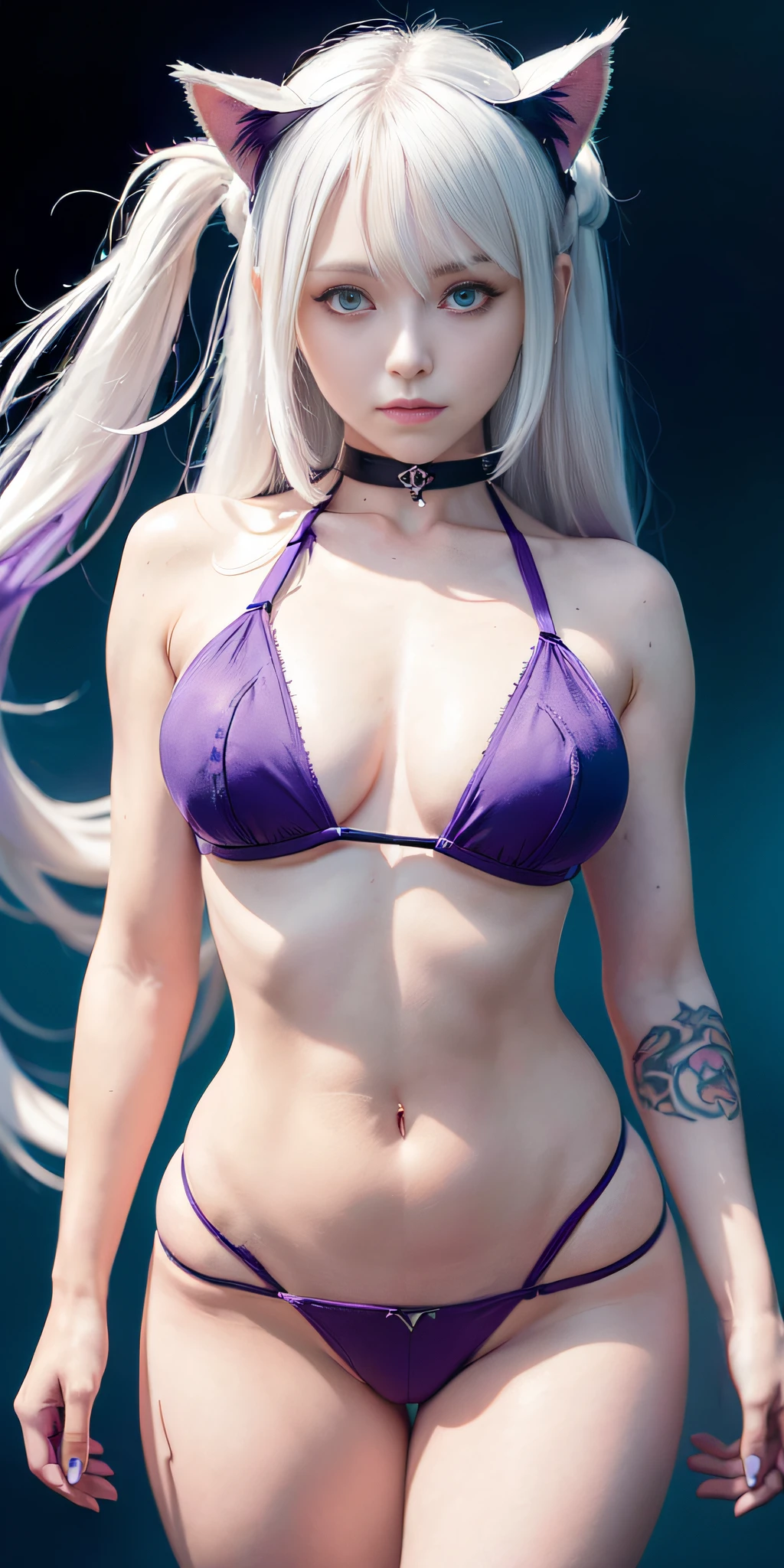 (1 women only), 16 years girl, Long white hair, heterochromia (purple left eye, Blue right eye), Cat Ears, inner sideboob, open belly, ((tattoo: inverted "V")), smirk, Cyborg, Masterpiece, High quality Precise and precious intricate details, Light-dark contrast, Rear solar lighting