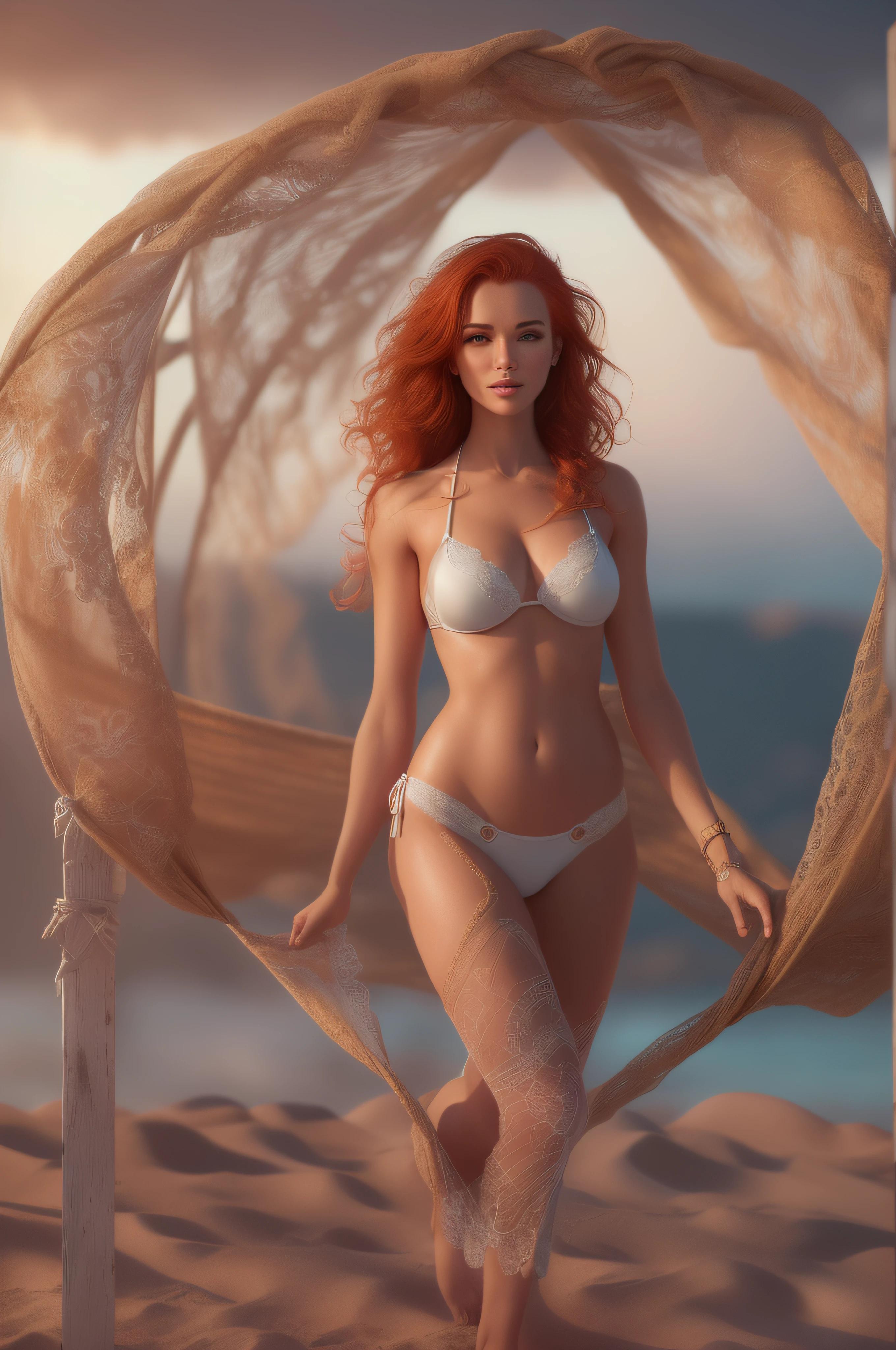 Masterpiece, (((full figure supermodel standing, full body shot, entire body in frame))), (((magical lighting action shot))) (((beautiful redhead tanned smiling goddess Scottish woman standing on lace hammock surrounded by sky,))), ((( exotic intricate heavenly holed bikini, looking into the camera exposed chest)) , ((( redhead hair, accurate hands accurate eyes))) moody lighting, very detailed, dramatic lighting, digital art trending on Artstation 8k HD high definition detailed realistic, detailed, skin texture, hyper detailed, realistic skin texture, armature, best quality, ultra high res, (photorealistic:1.4), high resolution, detailed, raw photo, sharp re, nikon d850 film stock photograph 4 kodak portra 400 camera f1.6 lens rich colors hyper realistic lifelike texture dramatic lighting unrealengine trending on artstation cinestill 800, (((accurate female anatomy, perfect eyes))) (((500px, fstoppers, photosight.ru, iso noise)))