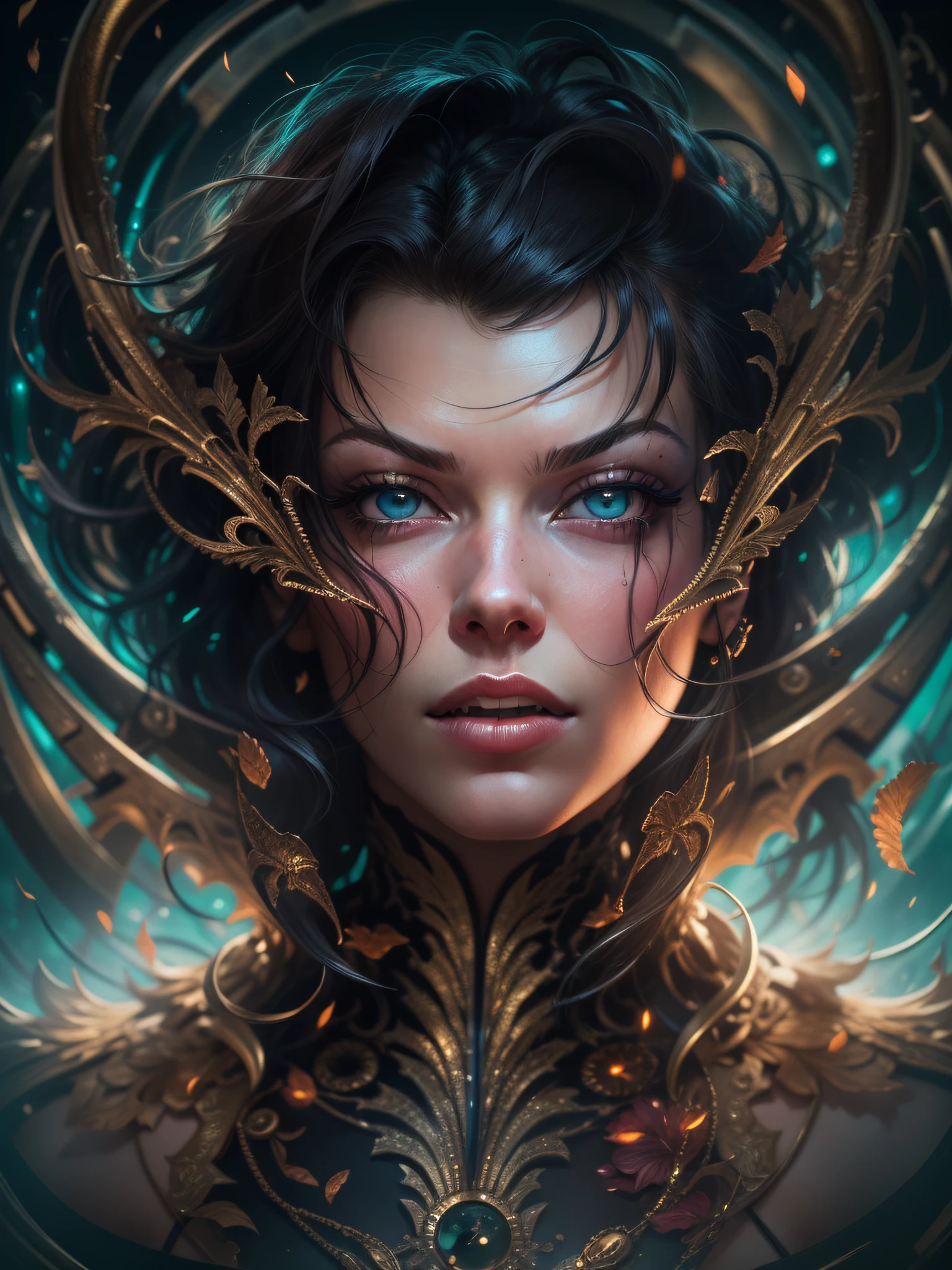 Milla Jovovich, ultra detailed artistic photography, Midnight Aura, night  sky, detailed gorgeous face, dreamy, Glowing, Backlit, glamour, Glimmer, eye shadow, oil on canvas, brush strokes, Smooth, extra high resolution, 8K, Unreal Engine 5, ultra sharp focus, Art by Alberto Seveso, artgerm, loish, sf, intricate artwork masterpiece, SINISTER, Matte movie poster with picture, the golden ratio, trending on CGsociety, Intricate, Epic, Trending on ArtStation, Author: artgerm, H. r. Giger and Bexinski, Highly detailed, Vibrants, Cinematic rendering of the characters, ultra high quality model