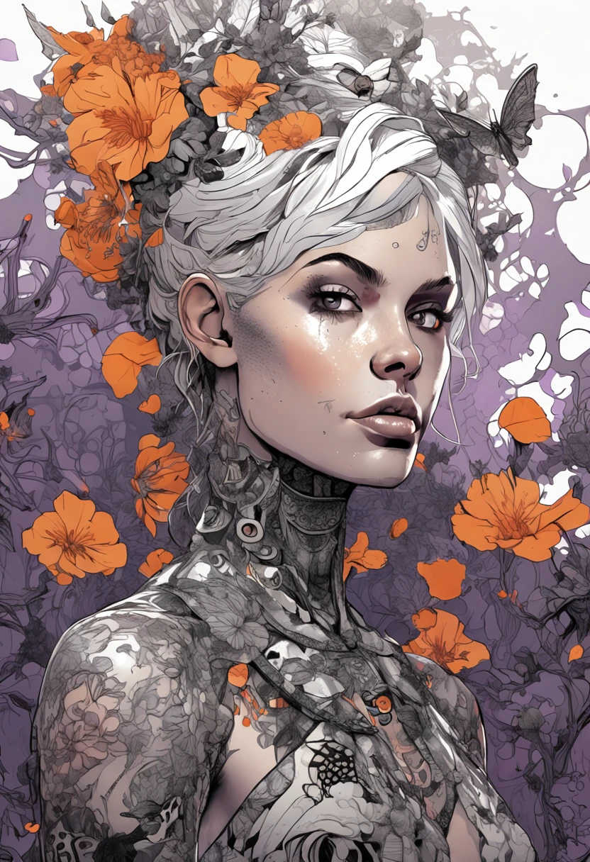 35mm, F/2.8, insanely hyper-detailed and intricately realistic, Milf character full body black-orange tattoo shoulder with messy platinum hair, in a black white flower dress, luminescent circuitry patterns that glow with a purple hue, a minimalist crown on the head, detailed face, detailed skin, forehead, secret garden background, canopy, Deszoom, choker, hyperdetailed ink, luminism, bar lighting, complex, 4k resolution concept art portrait by Greg Rutkowski, Artgerm, WLOP