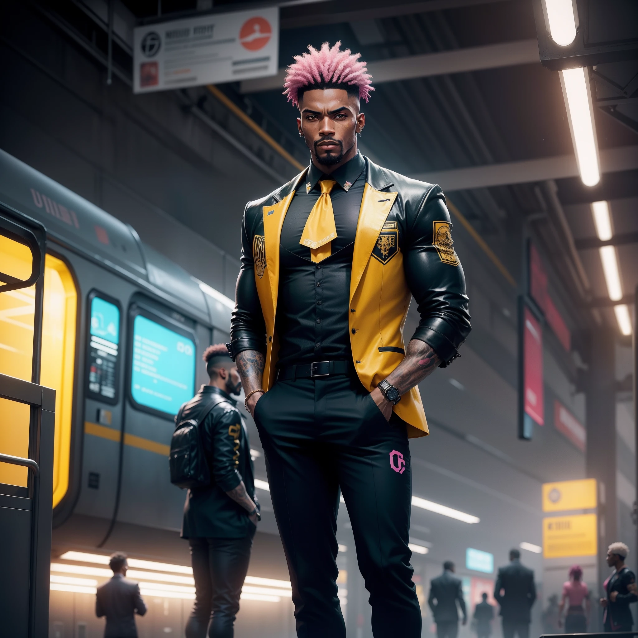 Eu gostaria de uma imagem estilo cyberpunk em 4k , homens com camisa cyberpunk futuristica, africana, 45anos, pele negra ,barba grande,com cabelo punk estilo anos 80 na cor amarelo ,muito eLegante,, futurista e estiloso neon , com uma tatuagem super colorida e com neon ,Toattoo, facing a metro station on the platform , with station lights failing in a dimly lit environment, standing dressed in a dark yellow suit ,estilo cyberpunk 2077 com uma gravata borboleta rosa, com camisa larga, Camisa Masculina.