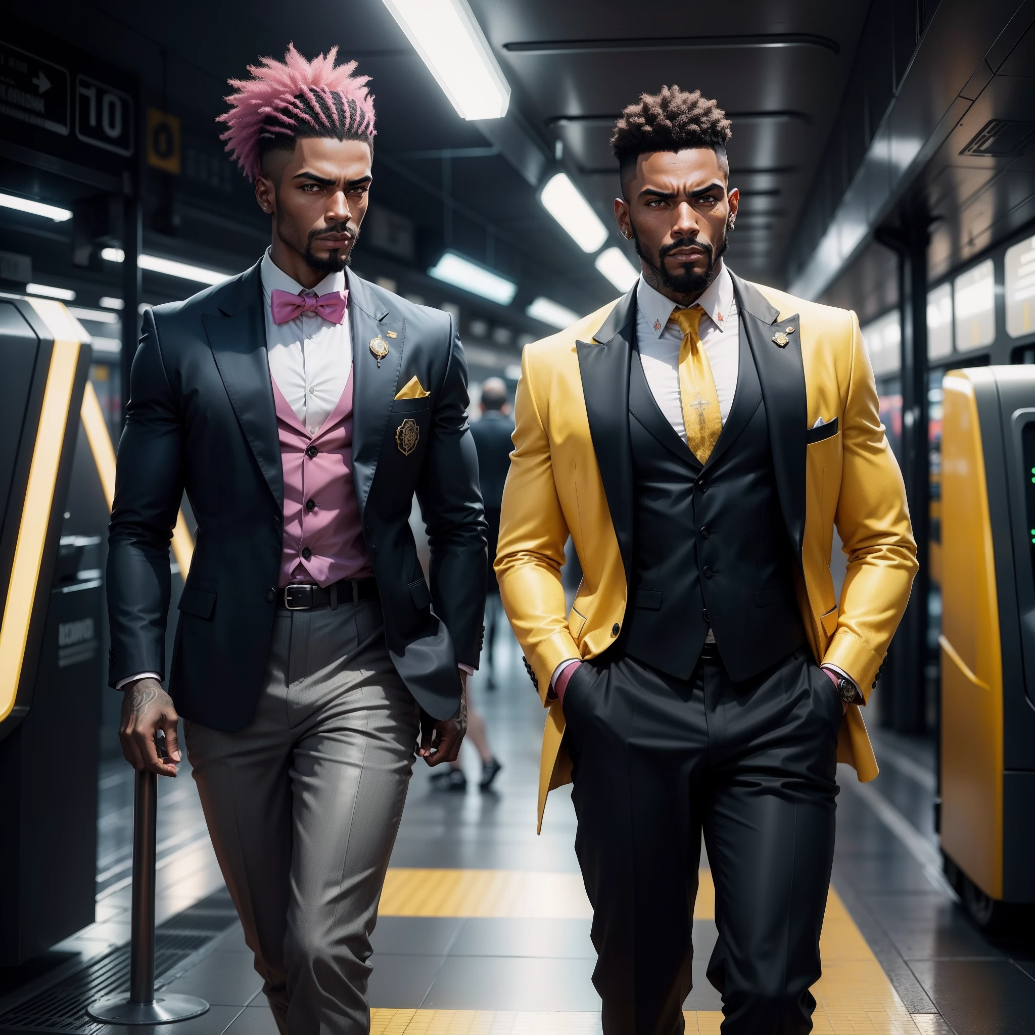 I'd like a cyberpunk style image in 4k average photo of two black characters ,50 anos de idade,,africano, forte, musculoso, de pele negra ,barba grande,barba, Estiloso Barbon,com cabelo punk estilo anos 80 na cor amarelo e cinza escuro,muito eLegante,, futurista e estiloso neon , com uma tatuagem super colorida e com neon ,Toattoo, facing a metro station on the platform , with station lights failing in a dimly lit environment, standing dressed in a dark yellow suit with a pink bow tie and baggy shirt.