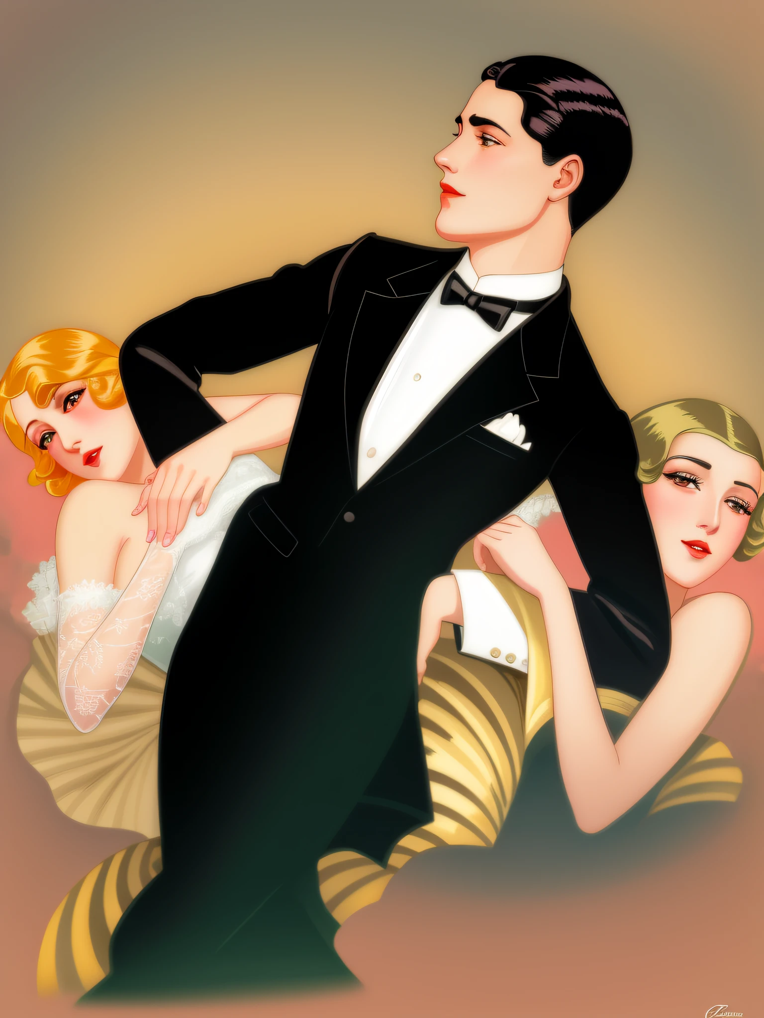 fundo cor-de-rosa, There's a man in a tuxedo and a woman in a dress, Enoque Bolles, Otto Schmidt, art deco illustration, Estilo Leyendecker, Art Deco dos anos 1920, Era do Jazz, Cartaz Art Deco, Directed by: Gerda Wegener, 1 9 2 0 s publicidade, 1 9 2 0 s ator de cinema, inspirado em Gerda Wegener, Fundo rosa, corrigir os olhos, fundo completamente rosa, olhos perfeitos, NO DEFORMATION, olhos brilhantes.