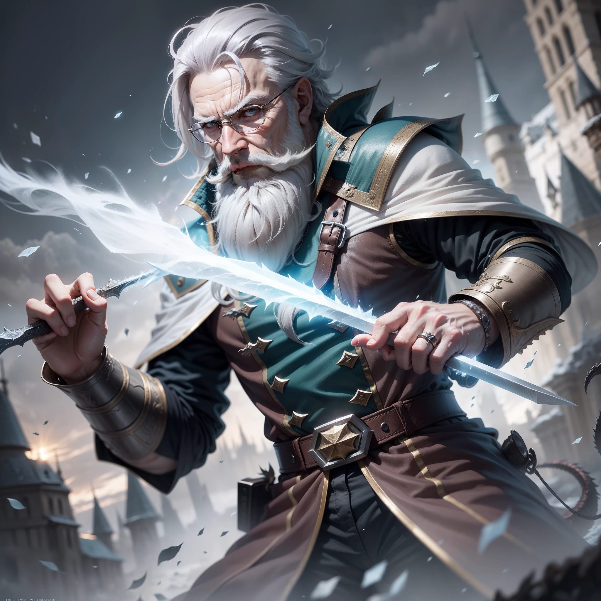 old male mage, grey hair, trimmed beard, ice magic, fight against dragon, hogwarts background, daylight --auto --s2