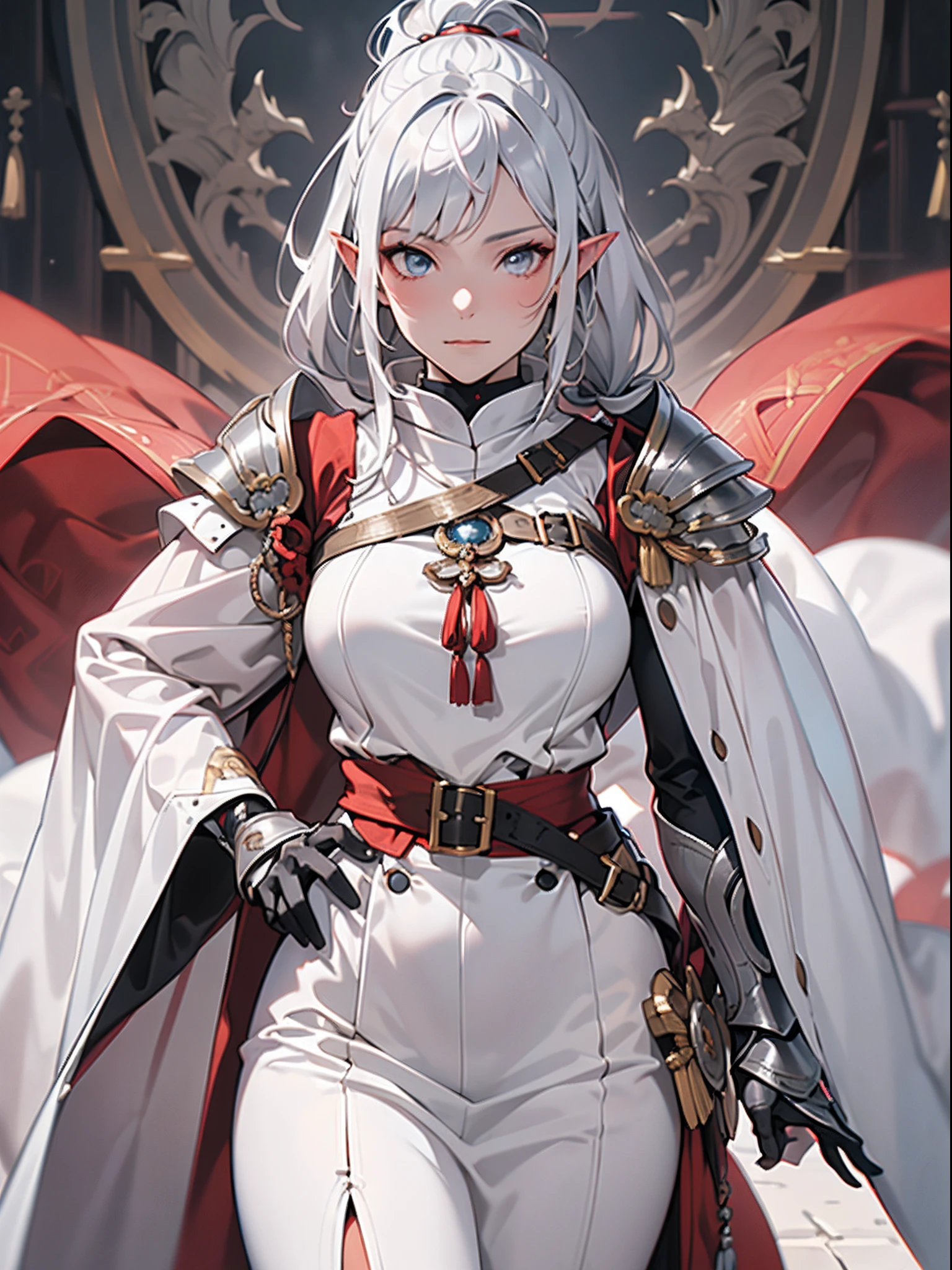 Fantasy,1girl in,a beautiful elf girl,((Silver hair long ponytail)),big hair,onmyouji,suikan,armor,(White cloak with red decoration),(((White gauntlets and gloves)))