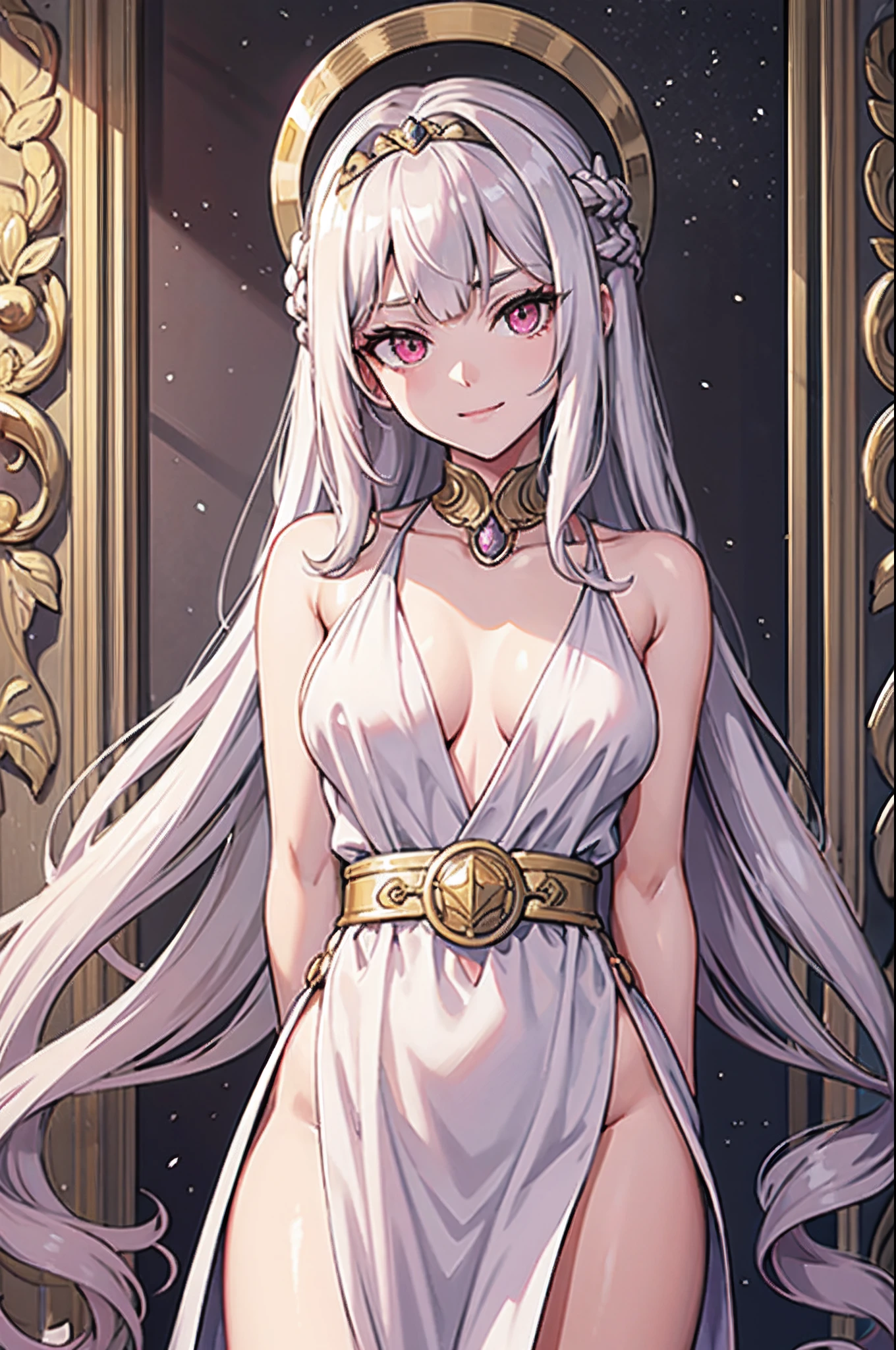 masterpiece, best quality, 1girl, solo, long hair, light hair, wavy hair, platinum hair, hair bangs, petite, (small breasts:0.9), pink eyes, hair between eyes, evil smile, wearing a peplos, ancient greek dress, gold bracelets, arms behind back, head tilt, evil queen, royalty, goddess, winter, winter forest, face only, upper body