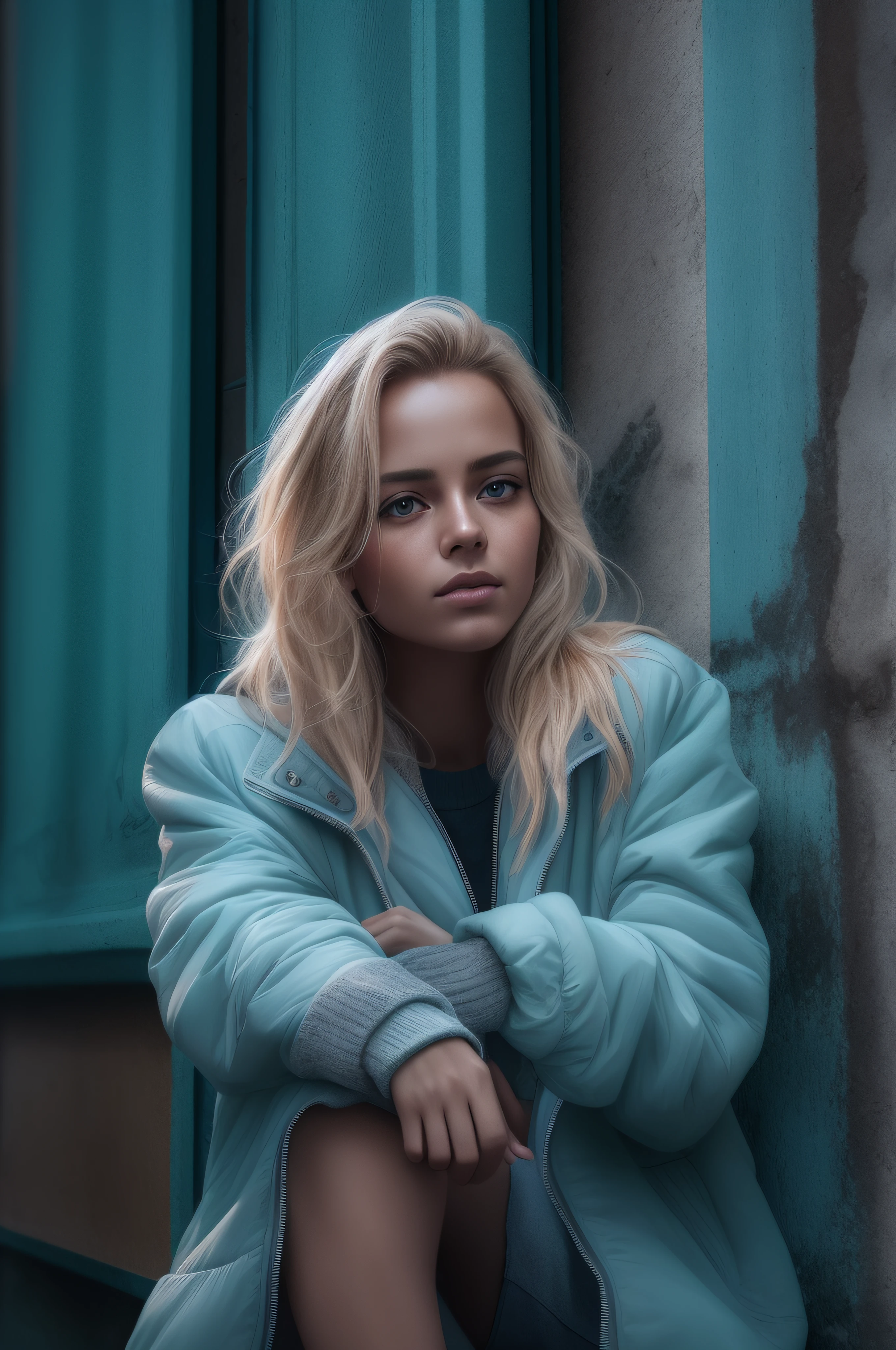 beautiful Swedish university, tanned blonde, full body, outside on the street, (((thin, small))), photorealistic, photo, masterpiece, realistic, realism, photorealism, high contrast, digital art trend photorealistic on Artstation 8k HD high definition detailed realistic, detailed, skin texture, dressed onfy in a ice blue coat, hyper-detailed, realistic skin texture, best quality, ultra-high resolution, (photorealistic: 1 . 4), high resolution, detailed, raw photo, sharp Re, by Lee Jeffries Nikon D850 Film Stock Photography 4 Camera Kodak Portra 400 Lens F1.6 Rich colours Hyperrealistisch texture Realistic dramatic exposure.