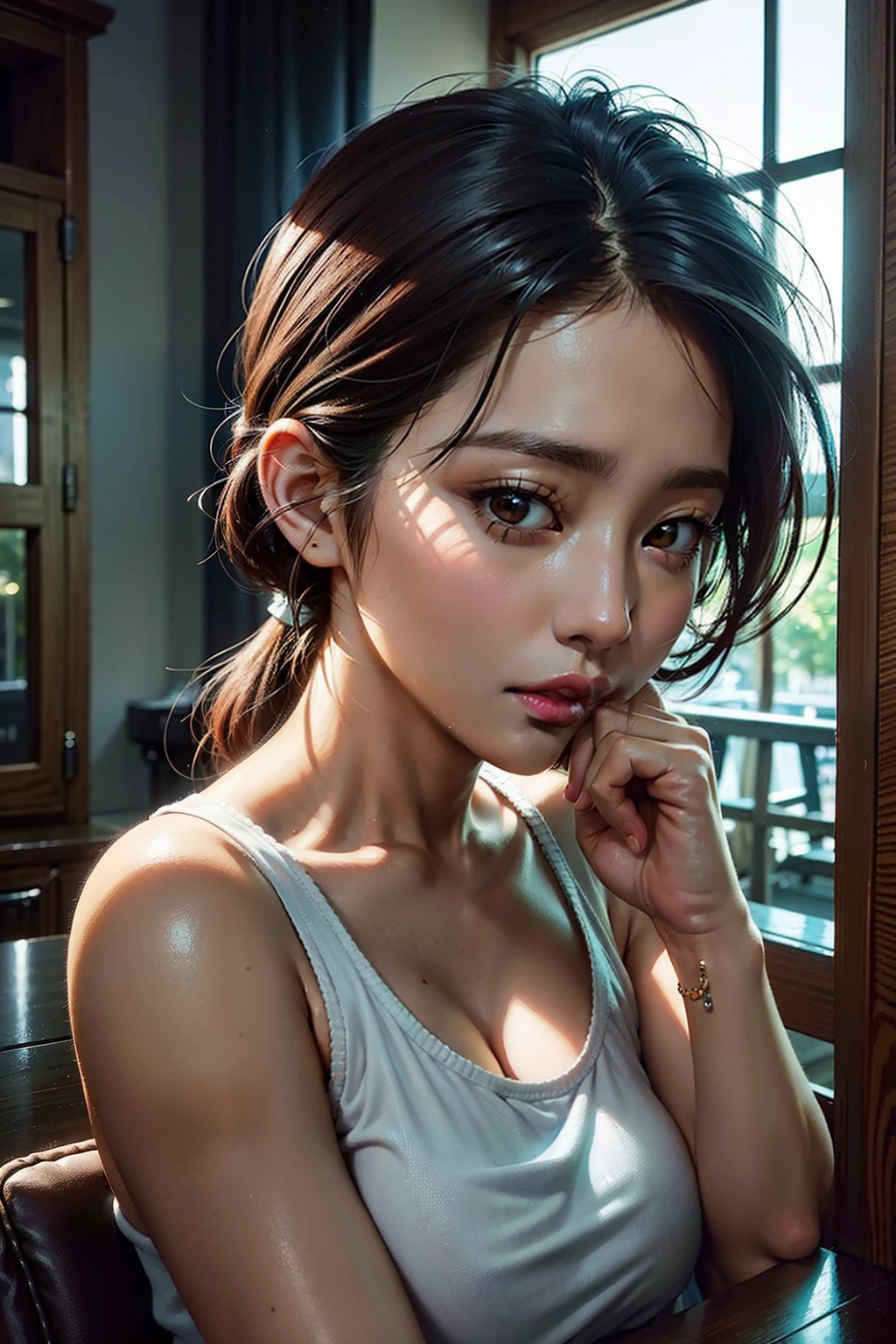there is a woman sitting at a table with a cup of coffee, artwork in the style of guweiz, 3 d anime realistic, ross tran 8 k, digital art ilya kuvshinov, realistic digital art 4k, realistic digital art 4 k, beautiful digital artwork, realistic digital painting, realistic anime 3 d style, 8k digital painting