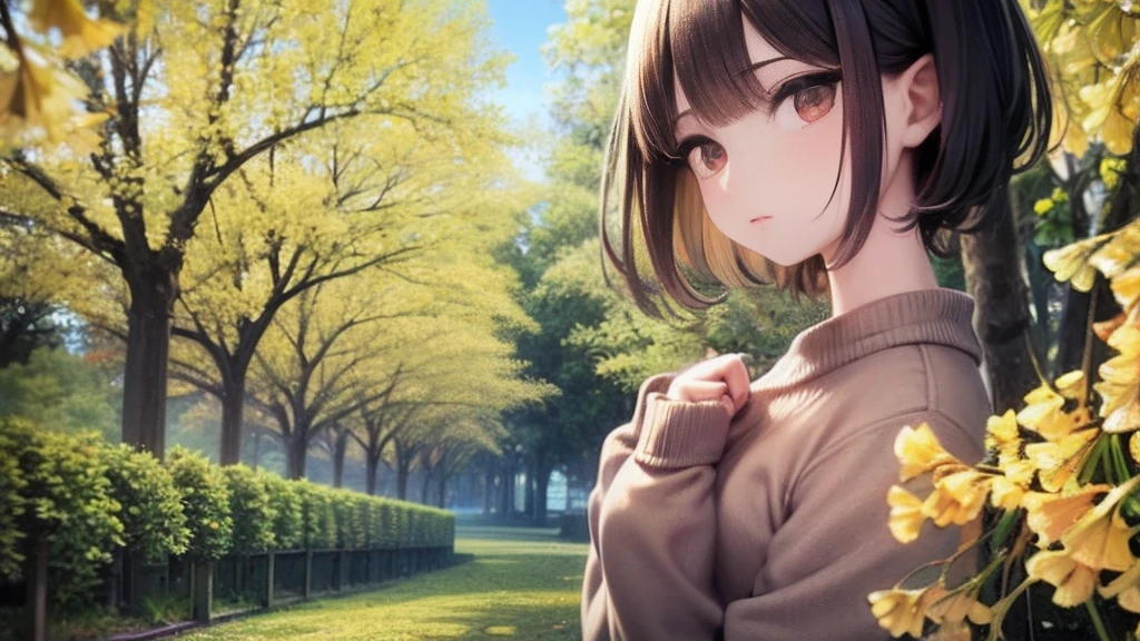 (​masterpiece)、ultra-detailliert、4k,8k.((Girl on a row of many ginkgo trees:1.1))、Well-formed face、Cute look,(Clothing sweater:1.1)FULL BODYSHOT、Camera angle from slightly below、The background is(Lined with many ginkgo trees)、Ginkgo leaves are fluttering a little