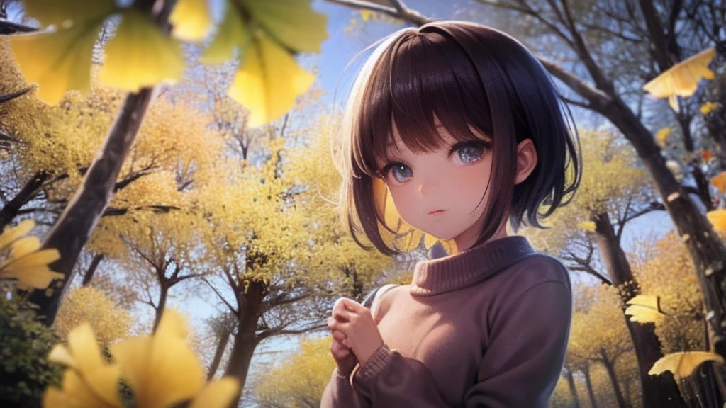 (masterpiece)、ultra-detailliert、4k,8k.((Girl on a row of many ginkgo trees:1.1))、Well-formed face、Cute look,(Clothing sweater:1.1)FULL BODYSHOT、Camera angle from slightly below、The background is(Lined with many ginkgo trees)、Ginkgo leaves are fluttering a little