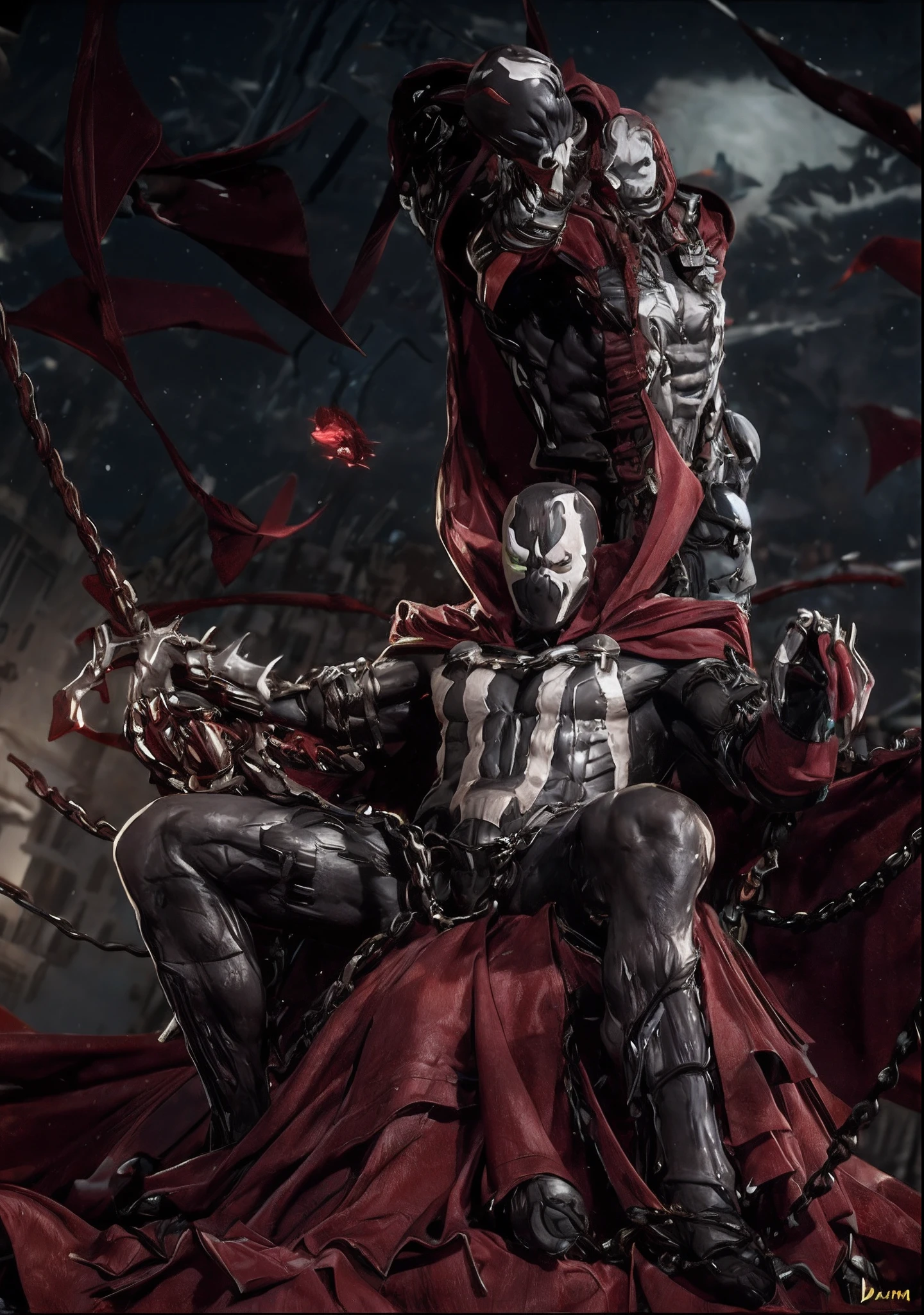 Photograph of a demonic hero with a red cape on a throne of human bones, Todd McFarlane, inspirado em Ryan Stegman, Neal Adams | Esquerda, inspirado por Rob Liefeld, Directed by: Ryan Stegman, veneno, Simbionte, Joe GB Fenton, inspirado em Mike Deodato, gate, da Marvel, David Tennant como Spawn. hiper-realista, photographic, cinemactic, altamente detalhado, rosto detalhado, intrincado, vivid colors, cinematic lighthing, 8k, disco Rigido