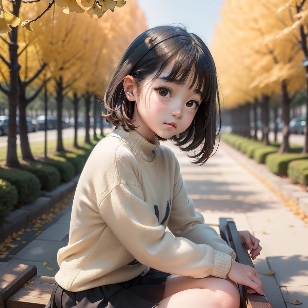 (masterpiece)、ultra-detailliert、((Girl on a row of many ginkgo trees:1.1))、Well-formed face、cute expression、(Clothing sweater:1.1)、FULL BODYSHOT、The camera angle is