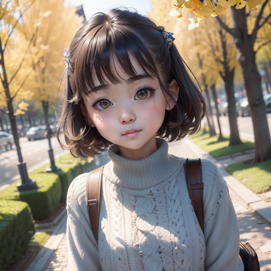 (masterpiece)、ultra-detailliert、((Girl on a row of many ginkgo trees:1.1))、Well-formed face、cute expression、(Clothing sweater:1.1)、FULL BODYSHOT、The camera angle is