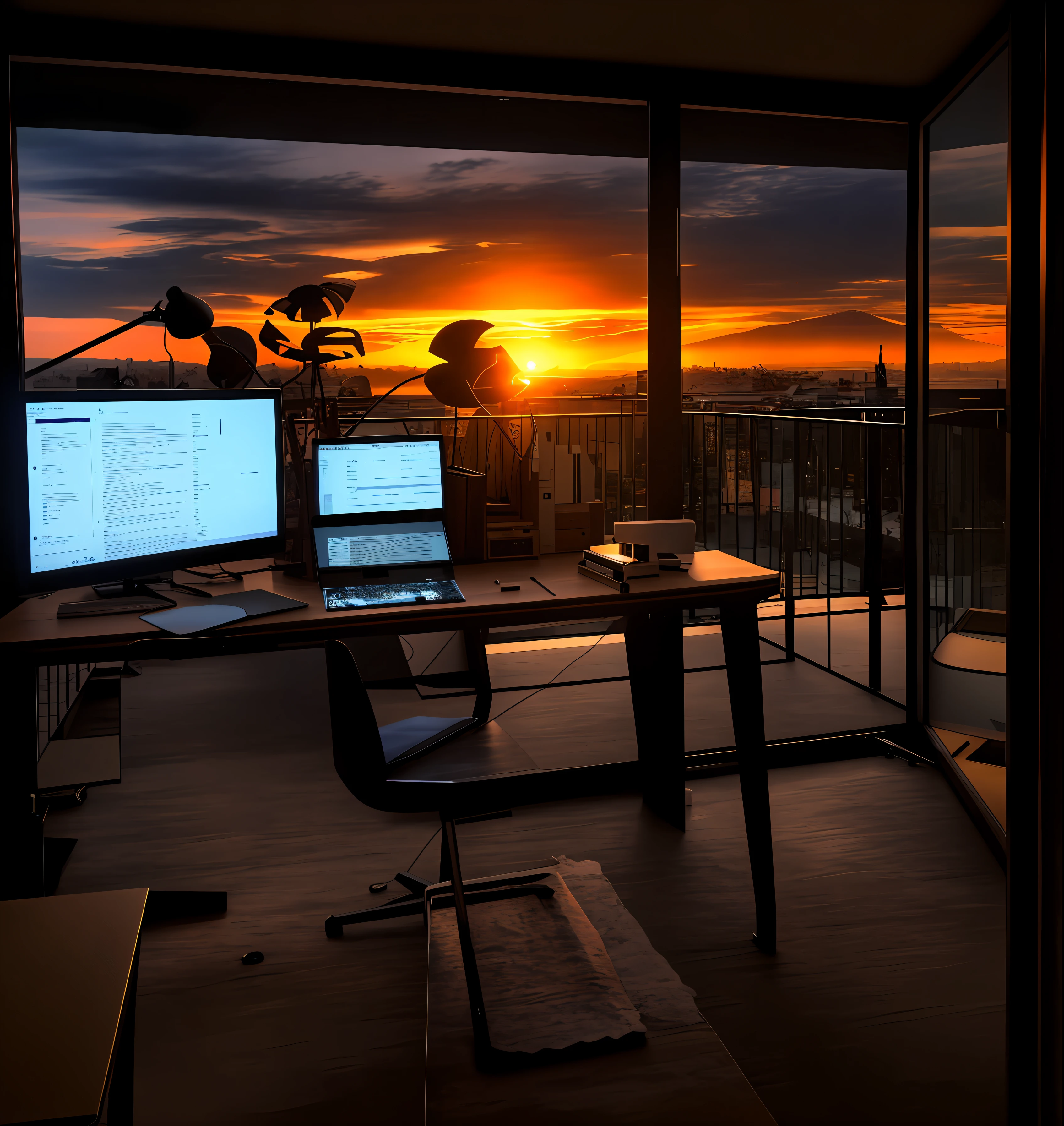 There is a desk with two computers and a laptop, home office, 8K HDR sunset lit, 8 mil. preenchimento da vista, sunsettime, Desktopografia, Sunset view, cyberpunk setting, A magia fora de vista acontece, Nascer do Sol colorindo o quarto, Epic view, epic sunset, apocalyptic scenery, day setting, Tiro HDR