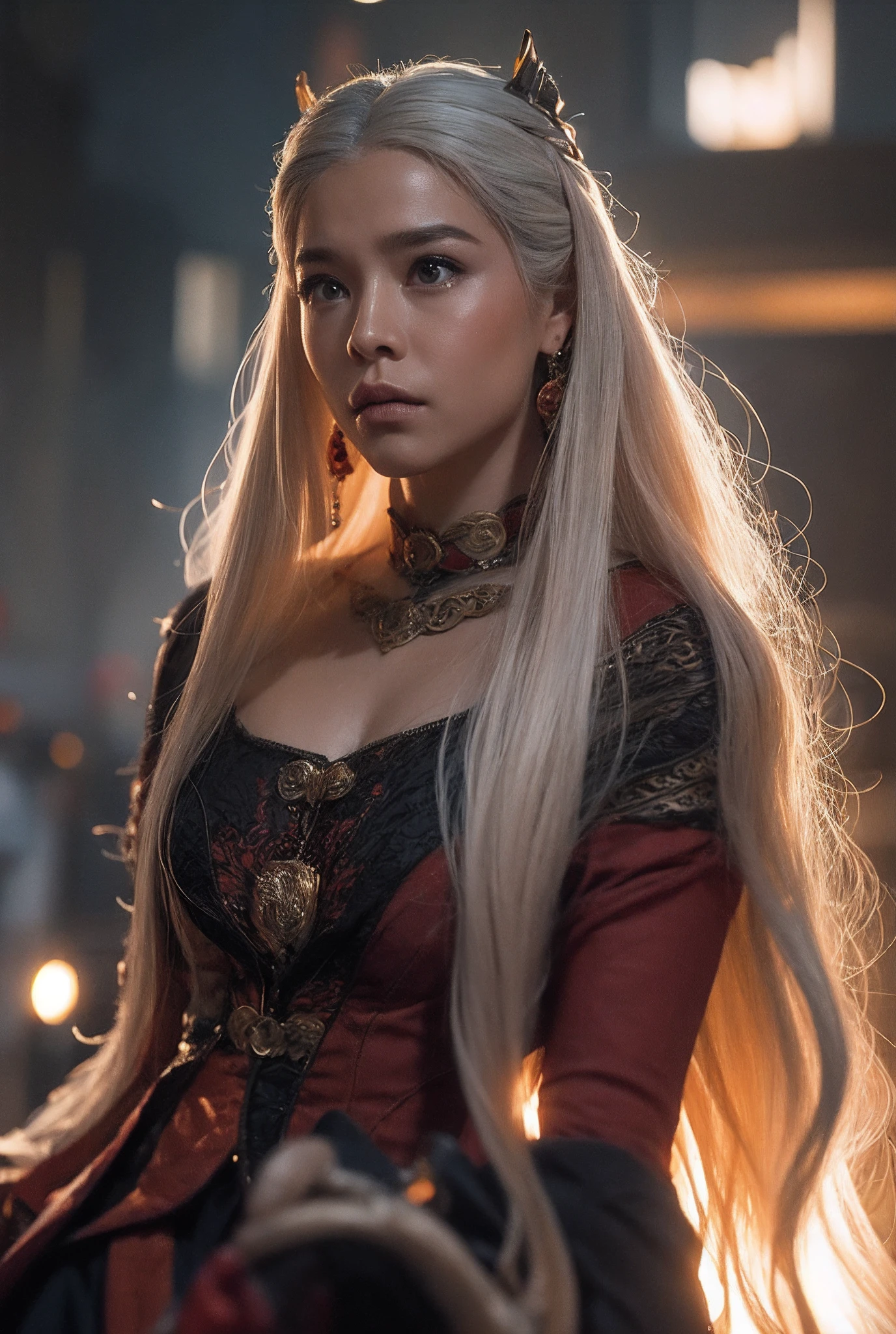 Cinematic photograph of a Targaryen queen in the moonlight, Cabelos prateados, rosto de HaenyraTargaryen. a background dragon. Relista, altamente detalhado, rosto detalhado, intrincado, cores vibrantes, Sombras realistas, textura de pele altamente realista, altamente detalhado.