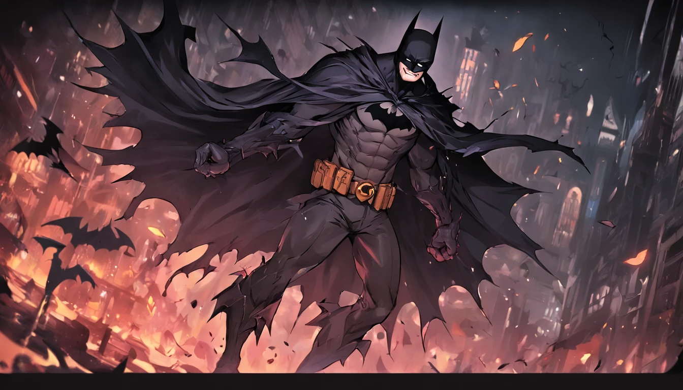 "Demonic-looking macabre Batman inspired by the Batman Laughing comics, fundo macabro e dark"