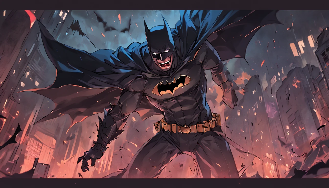 "Demonic-looking macabre Batman inspired by the Batman Laughing comics, fundo macabro e dark"