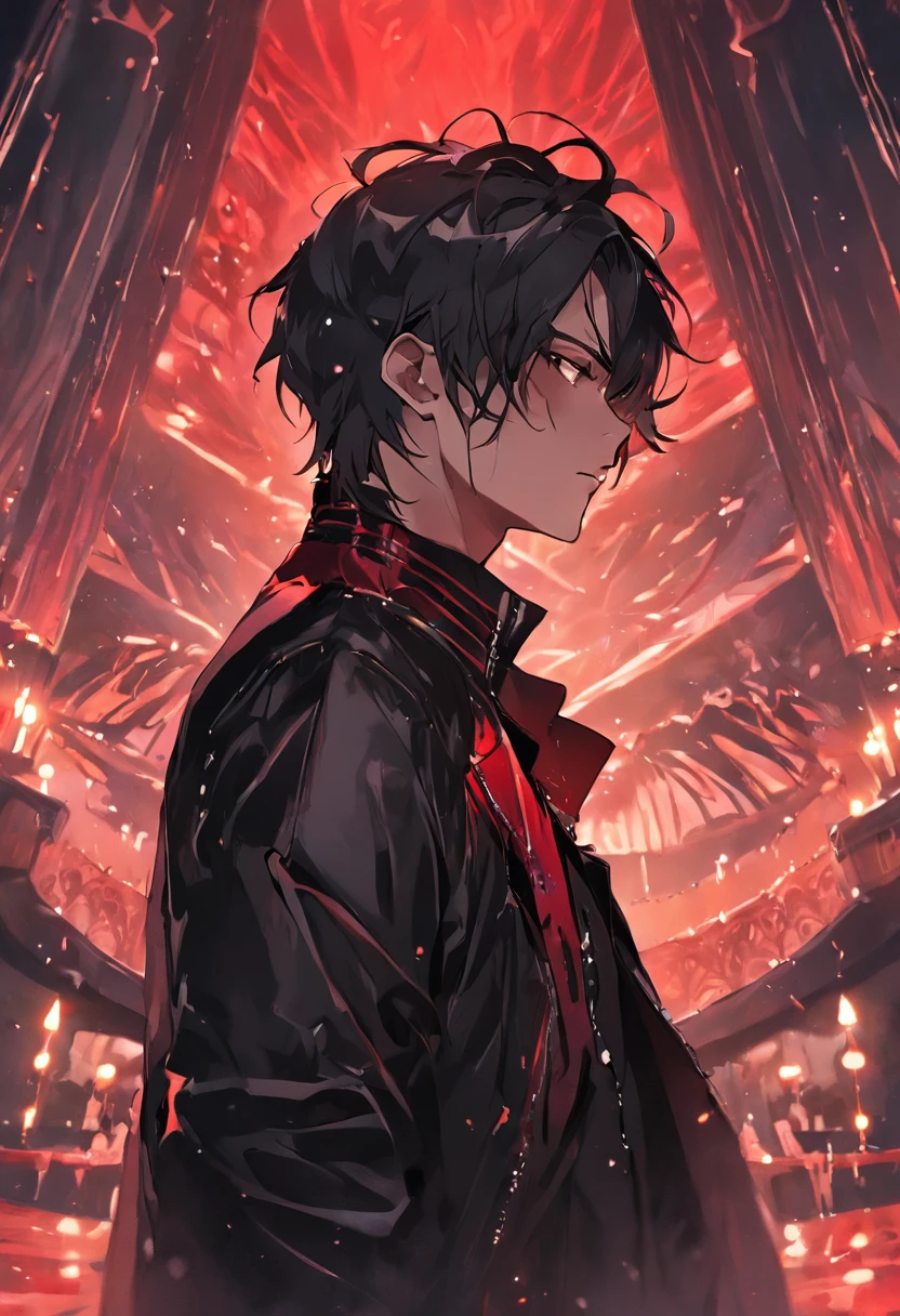 Beautiful, gorgeous, charming, charming male vampire. Strong chin, stubble, full lips，Stained with red paint，wearing the black leather jacket，Standing in the foyer of a beautiful hotel