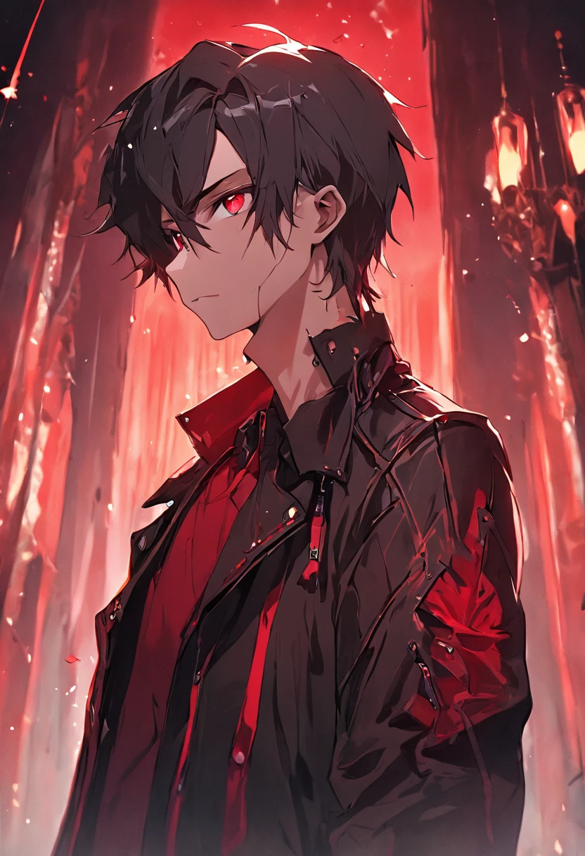 Beautiful, gorgeous, charming, charming male vampire. Strong chin, stubble, full lips，Stained with red paint，wearing the black leather jacket，Standing in the foyer of a beautiful hotel