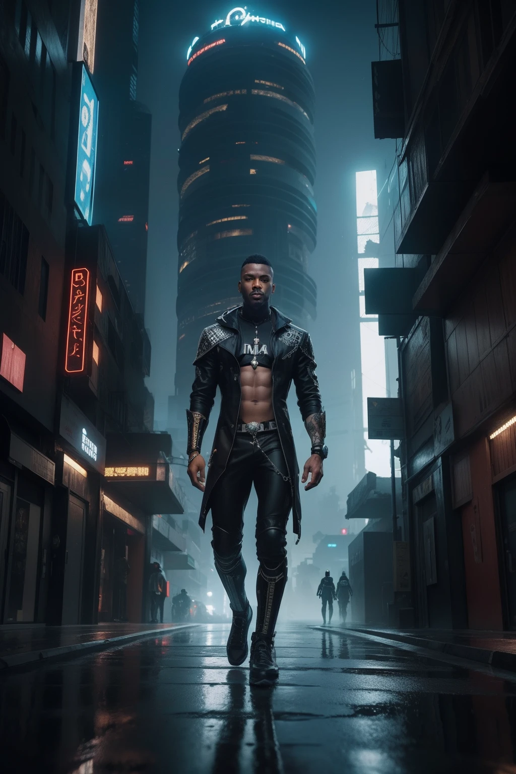 ((( com um homem andando em uma cidade))) uma roupa preta, inspirada em Hedi Xandt, 2 0 2 0, em , Maxim Sukharev, Cyberpunk))), intriga roupante, Anton Fadeev 8 K, na cidade, Directed by: Hedi Xandt, 1614572159 simetria, um rei preto em correntes de ouro e voltado apenas para a frente, brilho, Preto e branco, fundo branco, sem fundo, linha fina de tinta estilizada, vetor, desenho de tatuagem, African pattern hair, obra-prima, melhor qualidade, A futuristic 8K underwater city, estilo de arquitetura moderna, Foto realista, foto hiper detalhada, sky clear, cidade arruinada, Cyberpunk, Chuva