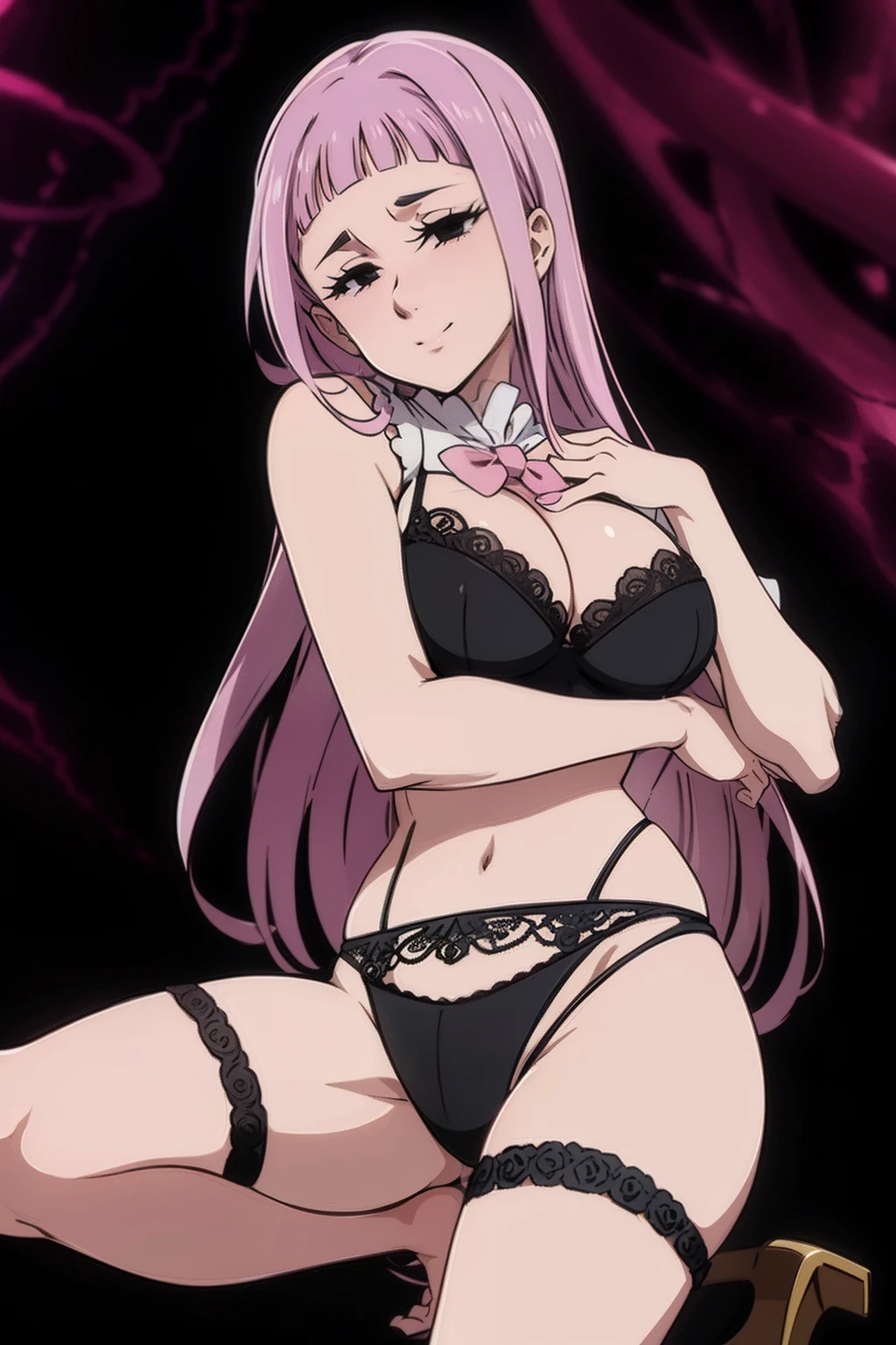 Melascula from seven deadly sins wearing a black lingerie smilling