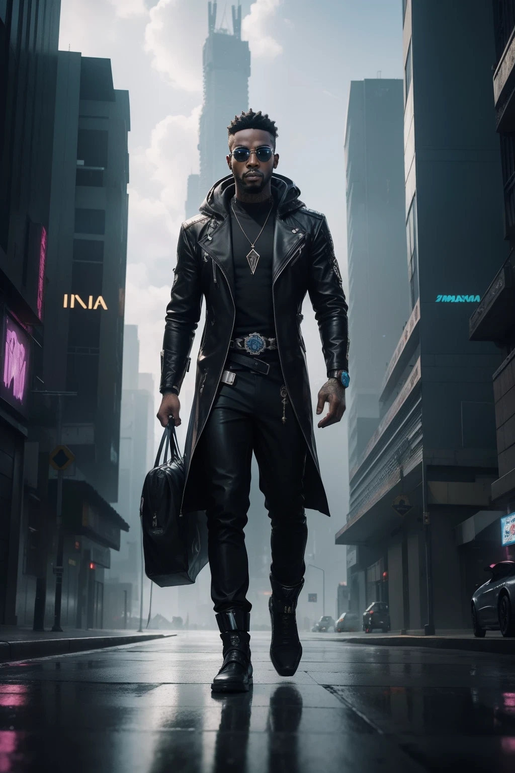 (((  com um homem andando em uma cidade))) uma roupa preta, inspirada em Hedi Xandt, 2 0 2 0, em  , Maxim Sukharev, Cyberpunk))), intriga roupante, Anton Fadeev 8 K, na cidade, Directed by: Hedi Xandt, 1614572159 simetria, um rei preto em correntes de ouro e voltado apenas para a frente, brilho, Preto e branco, fundo branco, sem fundo, linha fina de tinta estilizada, vetor, desenho de tatuagem, African pattern hair, obra-prima, melhor qualidade, A futuristic 8K underwater city, estilo de arquitetura moderna, Foto realista, foto hiper detalhada, sky clear, cidade arruinada, Cyberpunk, Chuva