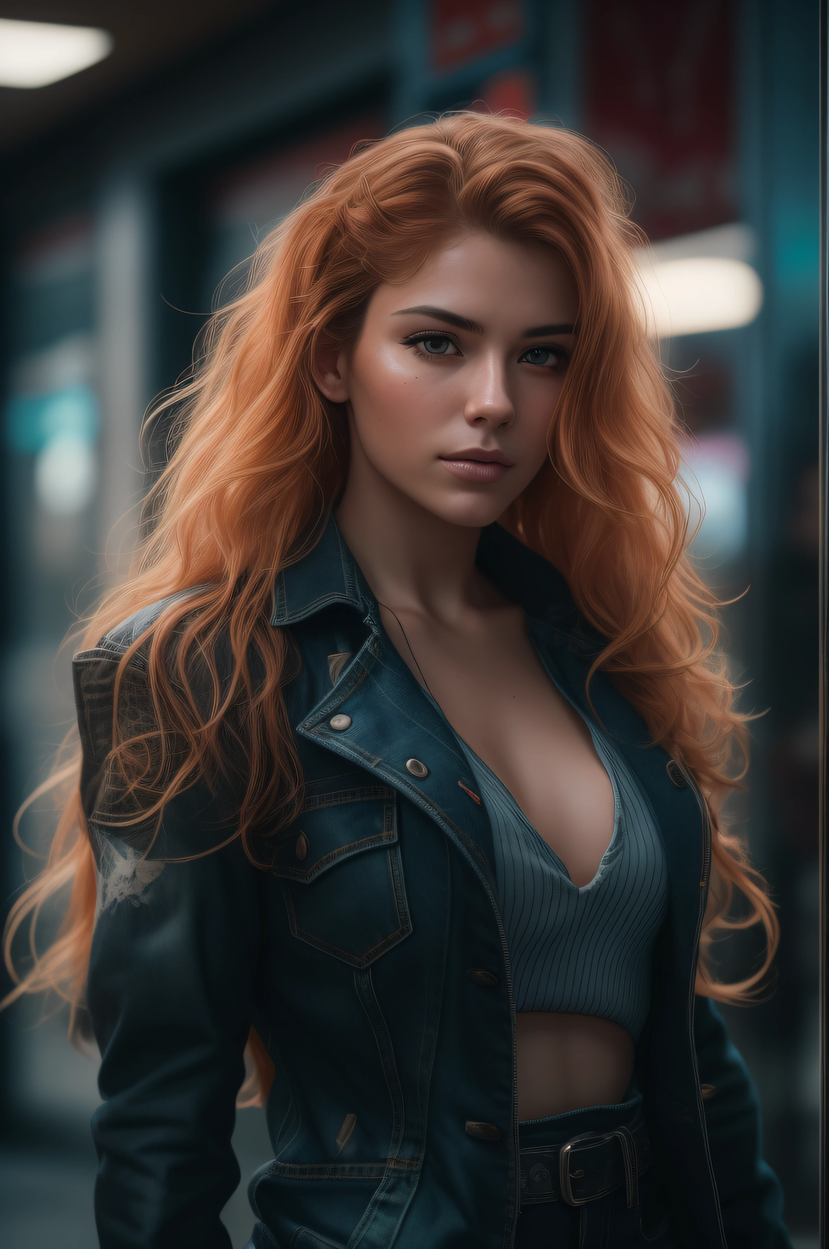 Full face portrait photo of a 25-year-old European girl, RAW, beautiful woman, semi-open strawberry lips, dimples, wistful look, (extra-long wavy red-blond hair), ((detailed face)), ((detailed facial features)), (finely detailed skin), tanned skin, (deep neckline detailed high-tech transparent cyberpunk dress), cyberpunk megacity environment, (cool colors), damp, damp, reflections, (masterpiece) (perfect proportion)(realistic photo)(best quality) (detailed) shot on a Canon EOS R5, 50mm lens, F/2.8, HDR, (8k) (wallpaper) (cinematic lighting) (dramatic lighting) (sharp focus) (intricate), RAW photo, RAW photo, gigachad photo, posing for camera, black jeans, back arms, 8k uhd, dslr, high quality, grain film, Fujifilm XT3, film stock photography 4 kodak portra 400 camera f1.6 lens rich colors hyper realistic texture dramatic lighting unrealengine trend in artstation cinestill 800 tungsten, toughboy style, ultra focus face, intimidating, in fighting position, short messy hair, muscular, bursting veins, beaded