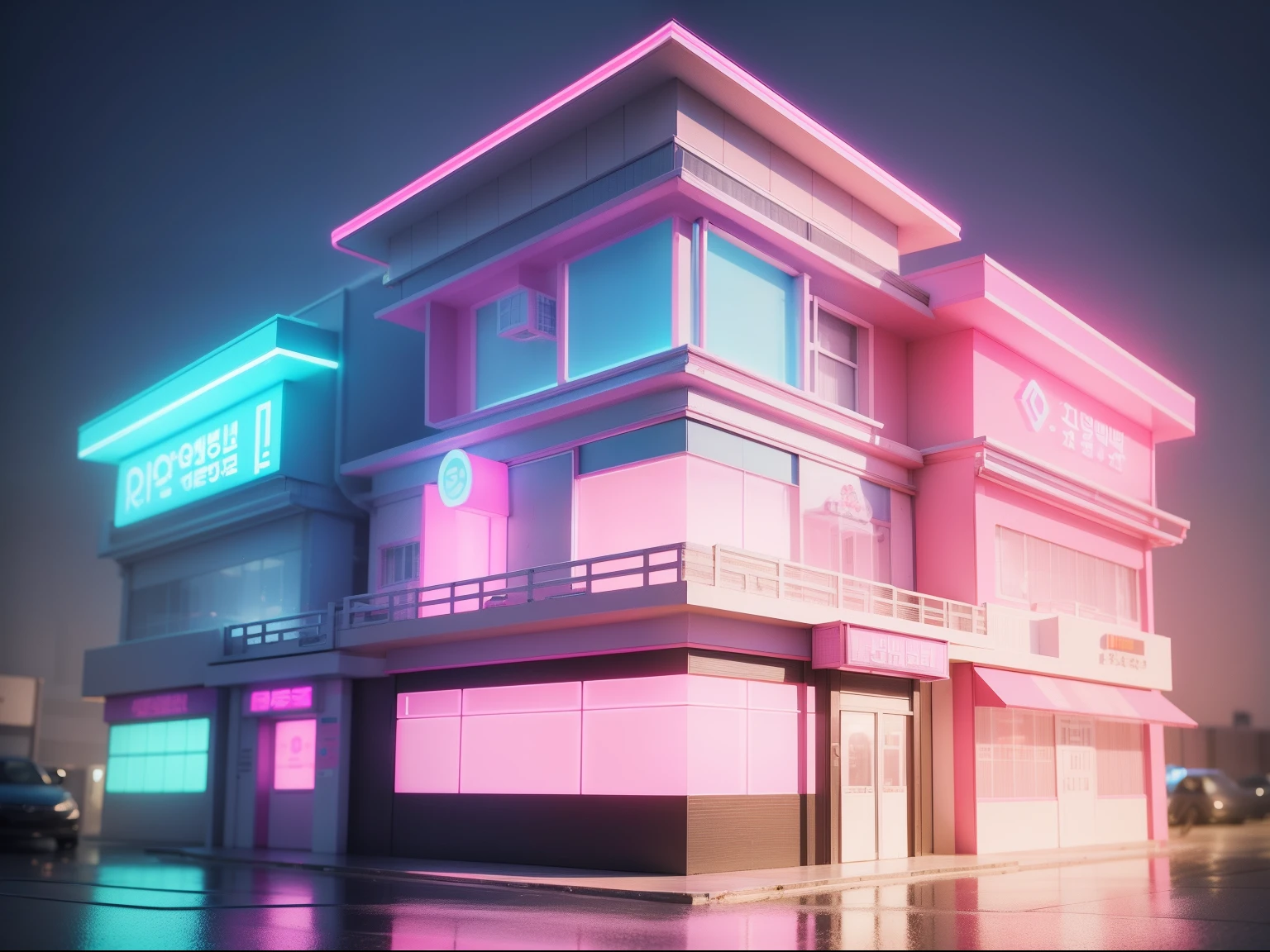 Isometric house,(45-degree perspective from top to bottom),korean Mall,Advertising signage,pink blue neonlight,a pink bunny, pink and blue light background,Clear structure,The right light and shadow,3Drendering high quality image) (A high resolution:1.2)