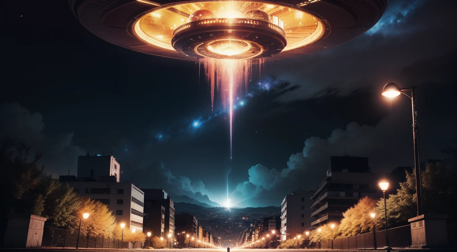 a UFO, pequeno e grande,  Full sky view bright UFO in dish shape, 8k, (fonte de luz quente: 1.2), (PiriLampiãoo: 1.2), lamplight, muito roxo, amarelo, vermelho e laranja, detalhes complexos, volumetric lighting BREAK (obra-prima: 1.2), (melhor qualidade), 14k, ultradetalhado , (dynamic compositing: 1.4), detalhes coloridos altamente detalhados (cores iridescentes: 1.2), (bright illumination, Atmospheric Illumination), sonhador, magia, deus (sozinho: 1.2), tokyolagii, anime, Japan, tokyolagii, destruction, Chaotic world, Chaotic Tokyo, caos. Arvores folhagens laranja e lilas, ultradetalhado camera lente 18k, mar vermelho, ponte luminosa ultradetalhado realista, ultrarealista, magia, sonho lucido