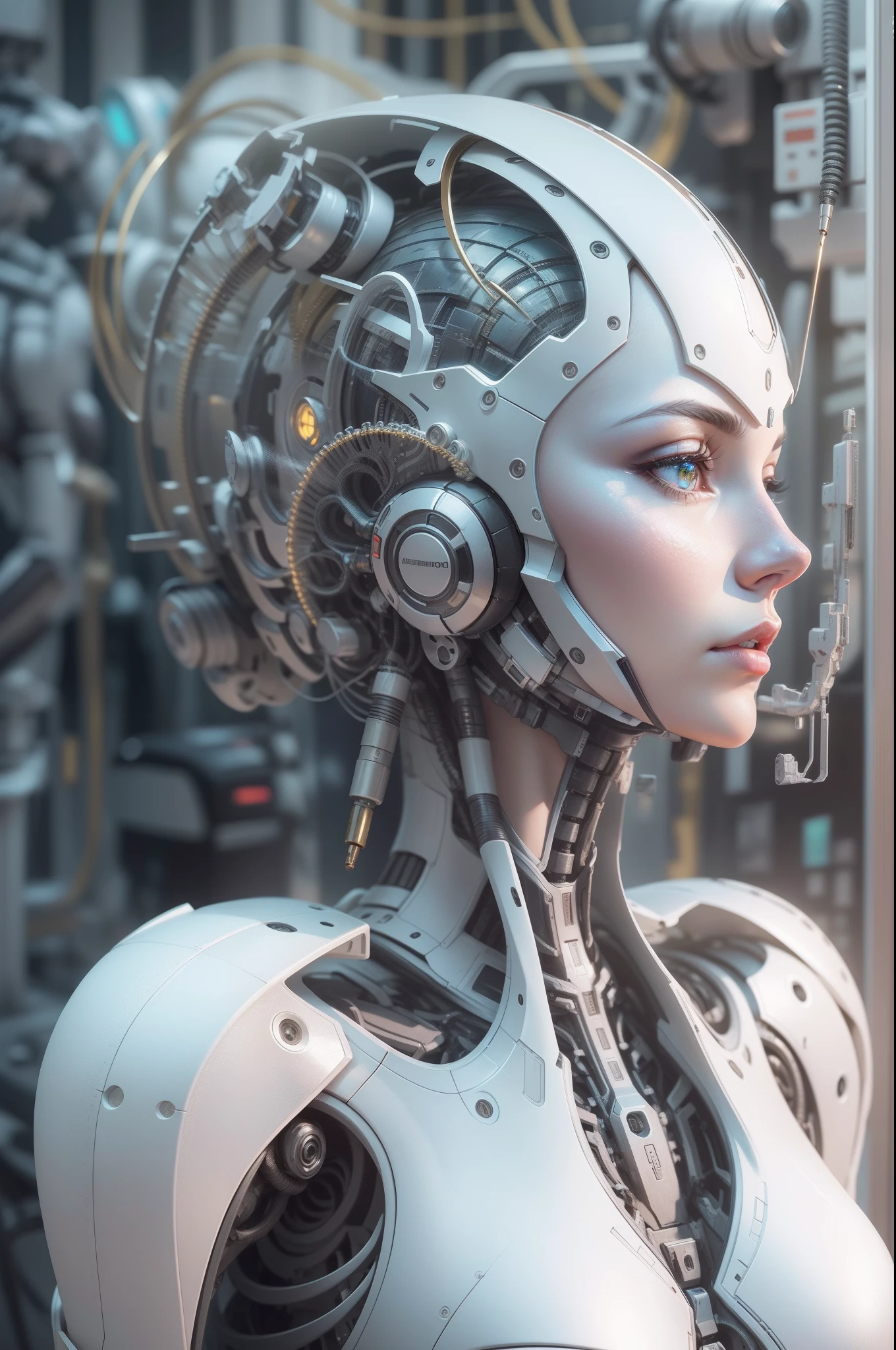 complex 3d render ultra detailed of a beautiful porcelain profile woman android face, Cyborg, Roboter-Teile, 150 mm, beautiful studio soft light, Felgenlicht, Lebendige Details, luxurious cyberpunk, Spitze, hyperrealistisch, anatomisch, Gesichtsmuskeln, Kabel elektrische Leitungen, Mikrochip, elegant, Beautiful Background, Oktan-Rendering, H. R. Giger-Stil, 8K, best quality, Meisterwerk, Illustration, An extremely delicate and beautiful, Extrem detailliert ,CG ,Einheit ,Tapete, (realistisch, fotorealistisch:1.37),amazing, fein detailliert, Meisterwerk,best quality,Offizielle Kunst, extrem detailliertes CG Unity 8K Wallpaper, absurdres, Unglaublich absurd,  Roboter, Silberne Halmet, full entire body, sitzend