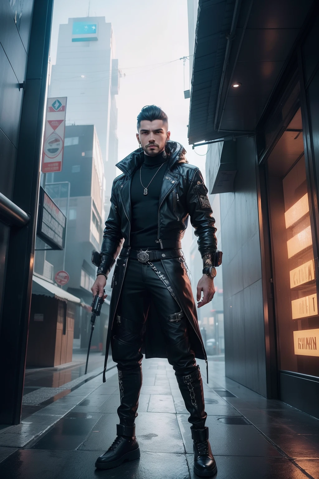 ((( com um homem personagem andando em uma cidade))) a black outfit with my clothing style, my hair style, in the same place as footwear; , inspirada em Hedi Xandt, 2 0 2 0, em , Maxim Sukharev, Cyberpunk))), intriga roupante, Anton Fadeev 8 K, na cidade, Directed by: Hedi Xandt, 1614572159 simetria, um rei preto em correntes de ouro e voltado apenas para a frente, brilho, Preto e branco, fundo branco, sem fundo, linha fina de tinta estilizada, vetor, desenho de tatuagem, African pattern hair, obra-prima, melhor qualidade, A futuristic 8K underwater city, estilo de arquitetura moderna, Foto realista, foto hiper detalhada, sky clear, cidade arruinada, Cyberpunk, Chuva