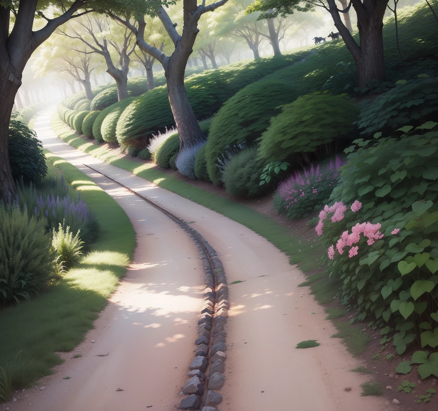 imagem do tamanho 1280x720, com dois caminhos, a path has dry trees, figures and another way is beautiful, It has trees and flowers, e ao final uma luz