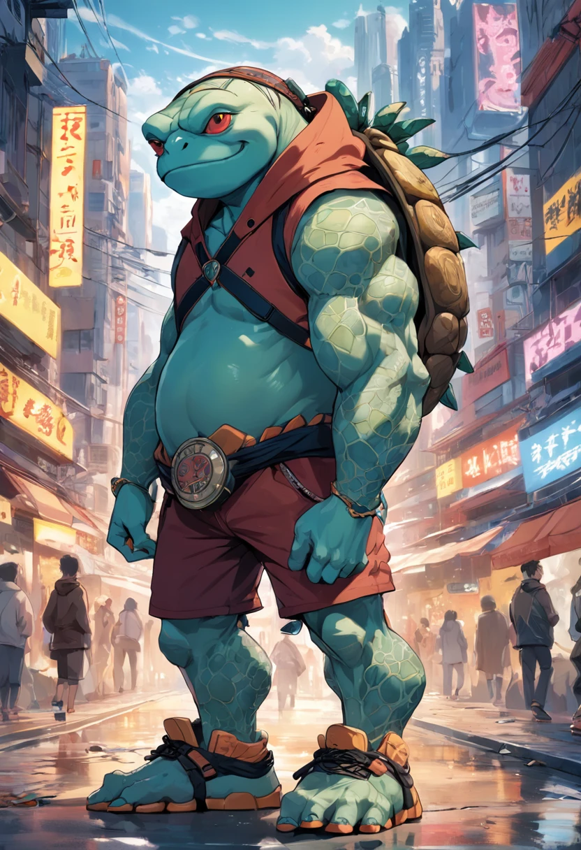 ((foto crua)), ((obra-prima)), Anthropomorphic humanoid turtle wearing streetwear clothes, andando entre as pessoas, detalhe intrincado, intricate Greebles pieces, city behind, corpo musculoso, muscular arms, small head, Ogro monstruoso, Titan