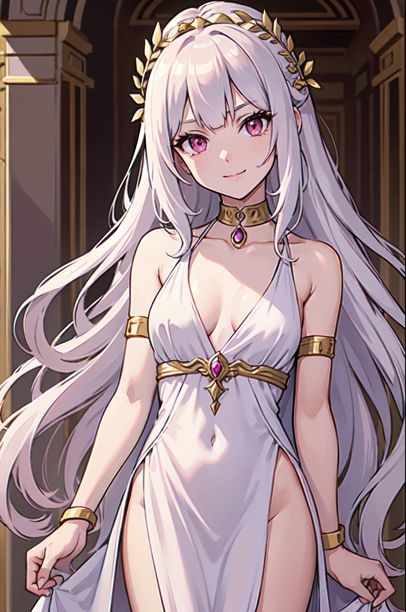 masterpiece, best quality, 1girl, solo, long hair, light hair, wavy hair, platinum hair, hair bangs, petite, (small breasts:1.1), rating:safe, pink eyes, hair between eyes, evil smile, wearing a peplos, ancient greek dress, gold bracelets, arms behind back, head tilt, evil queen, royalty, goddess, majestic, longshot, winter, winter forest, face only, upper body