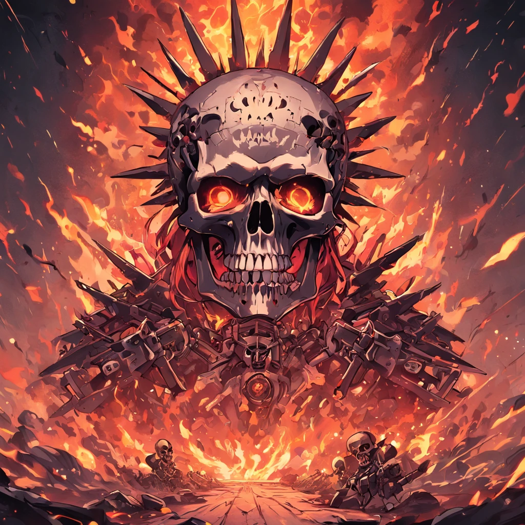 a skull with guns and skulls on it is surrounded by flames, heavy metal tshirt design, heavy metal art style, skull design for a rock band, style of hydro74, terminator art, heavy metal artwork, of spiked gears of war skulls, giant robot skull, by Dan Mumford, detailed cover artwork, gears of death