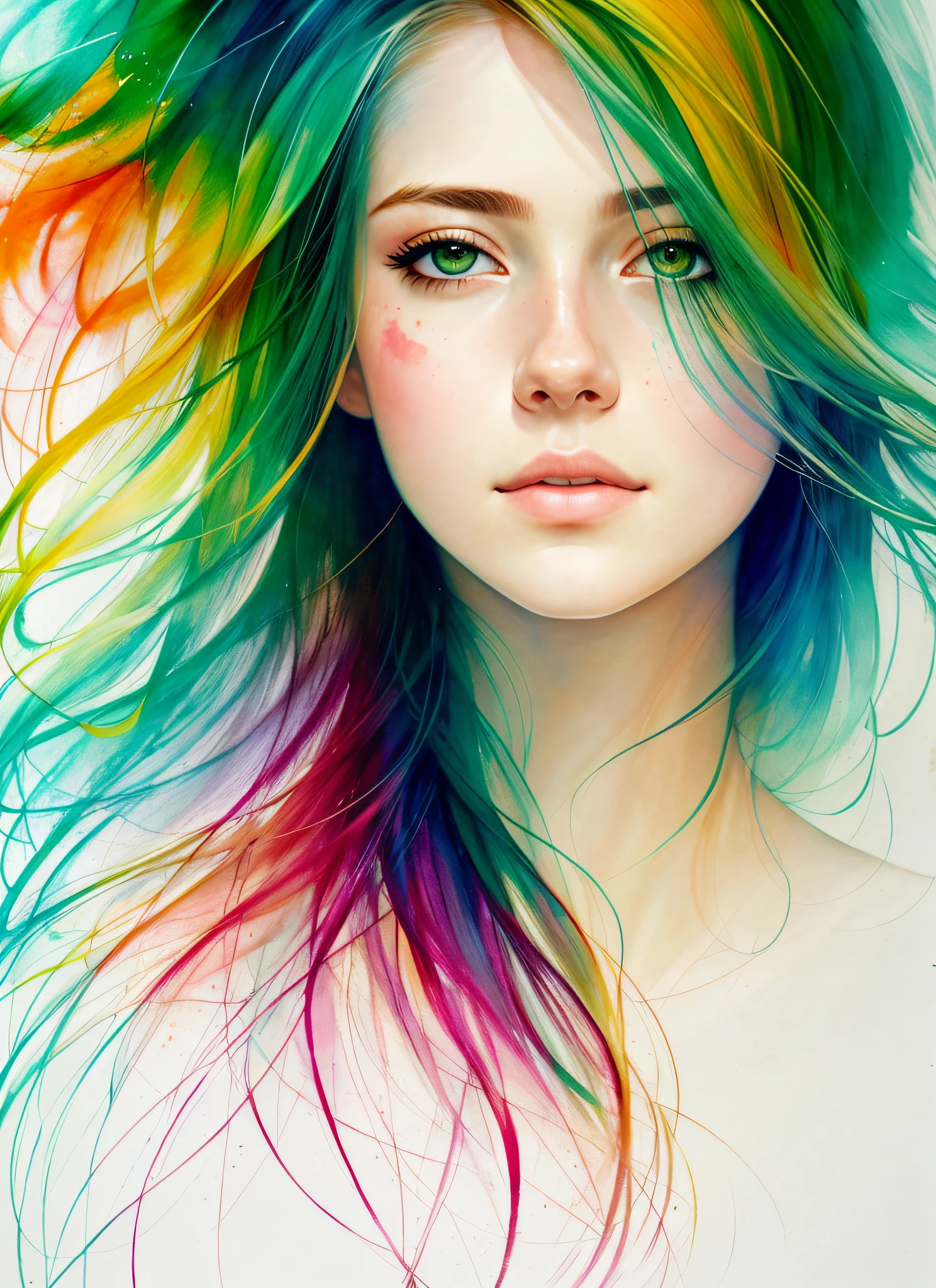 uma pintura de mse uma mulher de agnes cecile, cabelos vermelhos, olhos verdes brilhantes, desenho luminoso, cores impressionistas, pingos de tinta, luzes de outono
