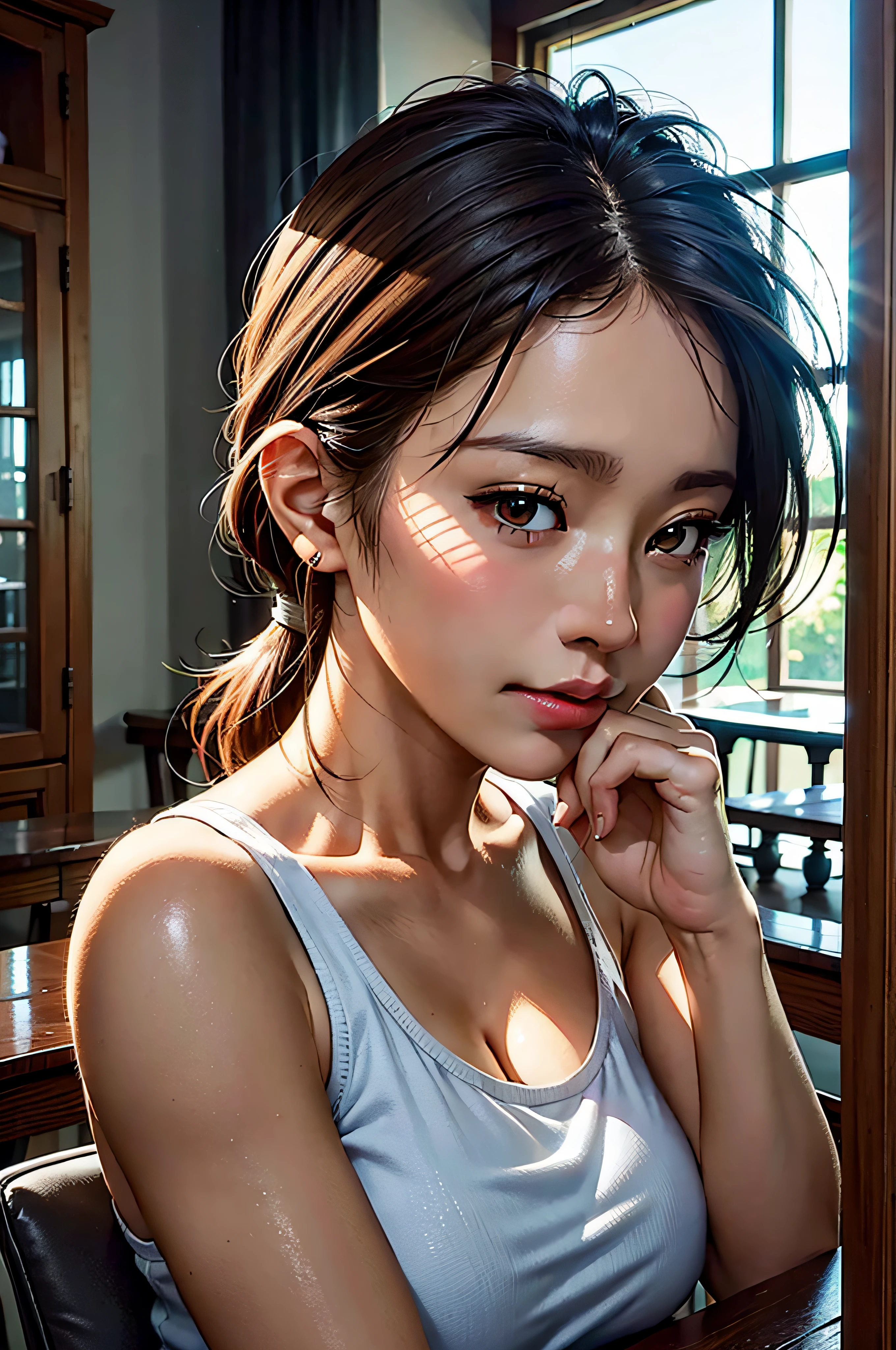 there is a woman sitting at a table with a cup of coffee, artwork in the style of guweiz, 3 d anime realistic, ross tran 8 k, digital art ilya kuvshinov, realistic digital art 4k, realistic digital art 4 k, beautiful digital artwork, realistic digital painting, realistic anime 3 d style, 8k digital painting, godrays, little smile