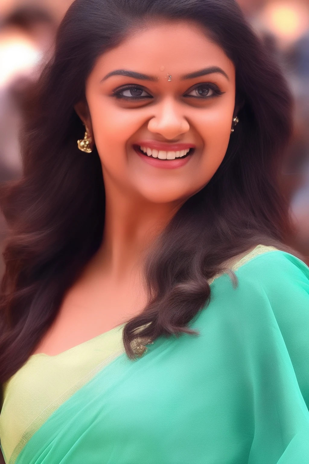 (KeerthySuresh), high quality, photo of a 25-year-old woman, wearing stuning saree, mid close shot, detailed face, IMAX Cmera