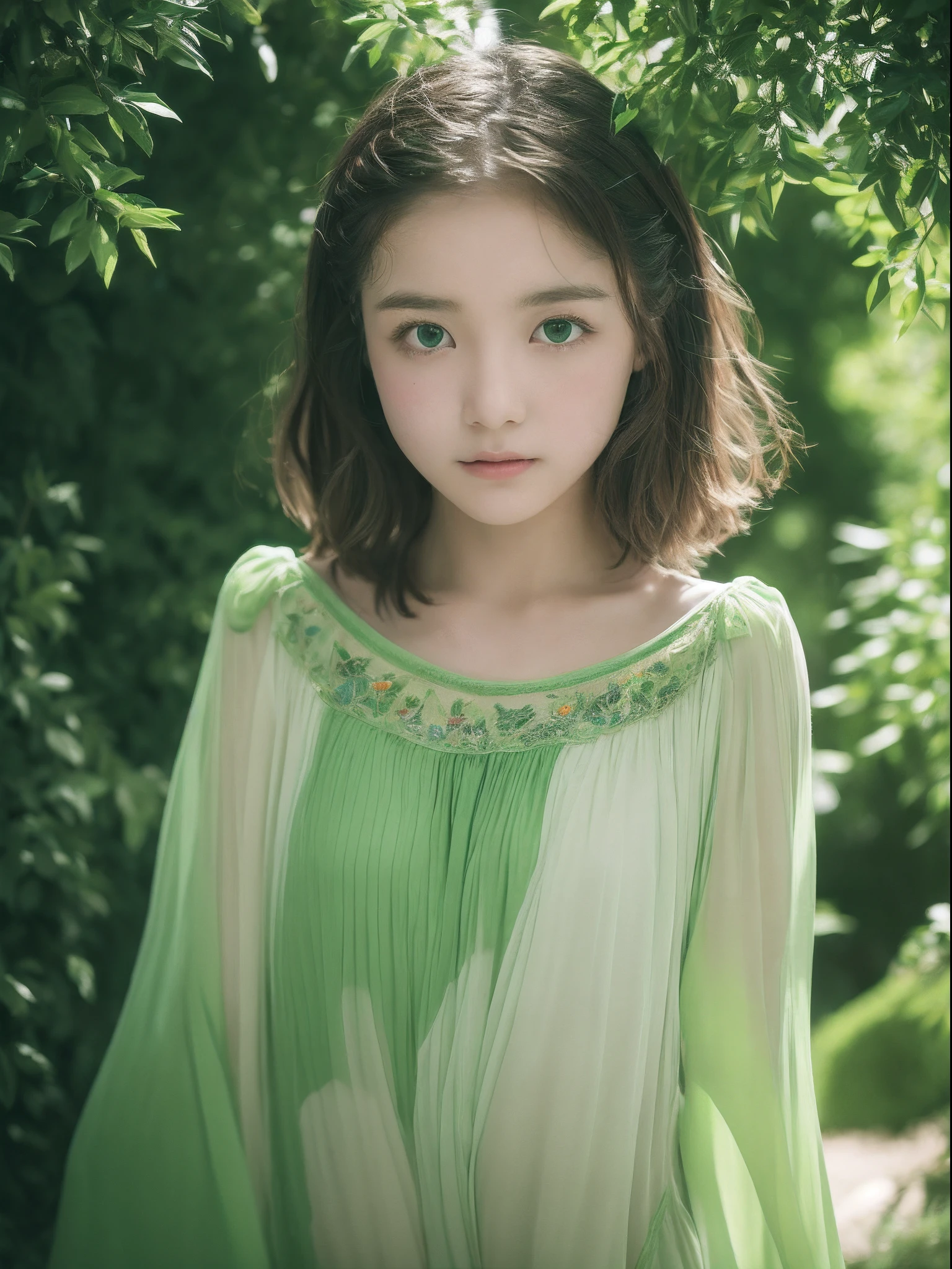 the Extremely Detailed CG Unity 8K Wallpapers、top-quality、ultra-detailliert、masterpiece、studio shoot、Upper body portrait、close up of face、(Green and pale green multicolor chiffon lashing dress:1.4), realisitic、Behind the photo、realisitic、Photo Real、extremely detailed cute girl、japanes、独奏、、Melancholy look, (Craven's Love Tunnel:1.2), Magnificent view、Black and green multi-colored head hair, Long、 strong breeze、Swaying hair、out of focus、blur、Fantasy works、With dynamic composition、The tree々Sunlight passing through between、Magic light soars into the air、
