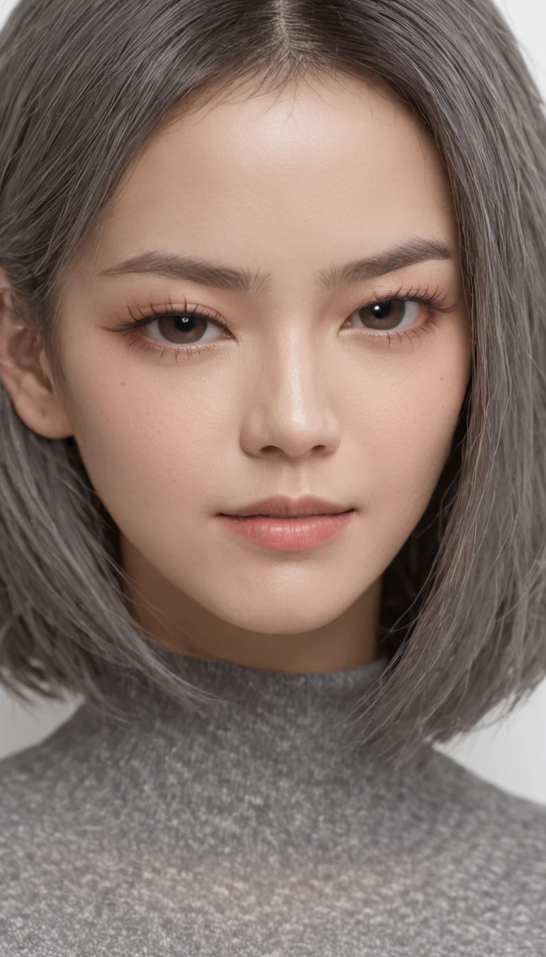FILME MATRIX 5, NSFW, ( seio:1.2) (Melhor qualidade, 8k, 32k, obra-prima, UHD: 1.2), foto da mulher japonesa bonita, seios grandes, cabelo bob muito curto, parte superior do corpo, foco do rosto, oversized_sweater, colar, fundo simples, de cima, olhando para o espectador,