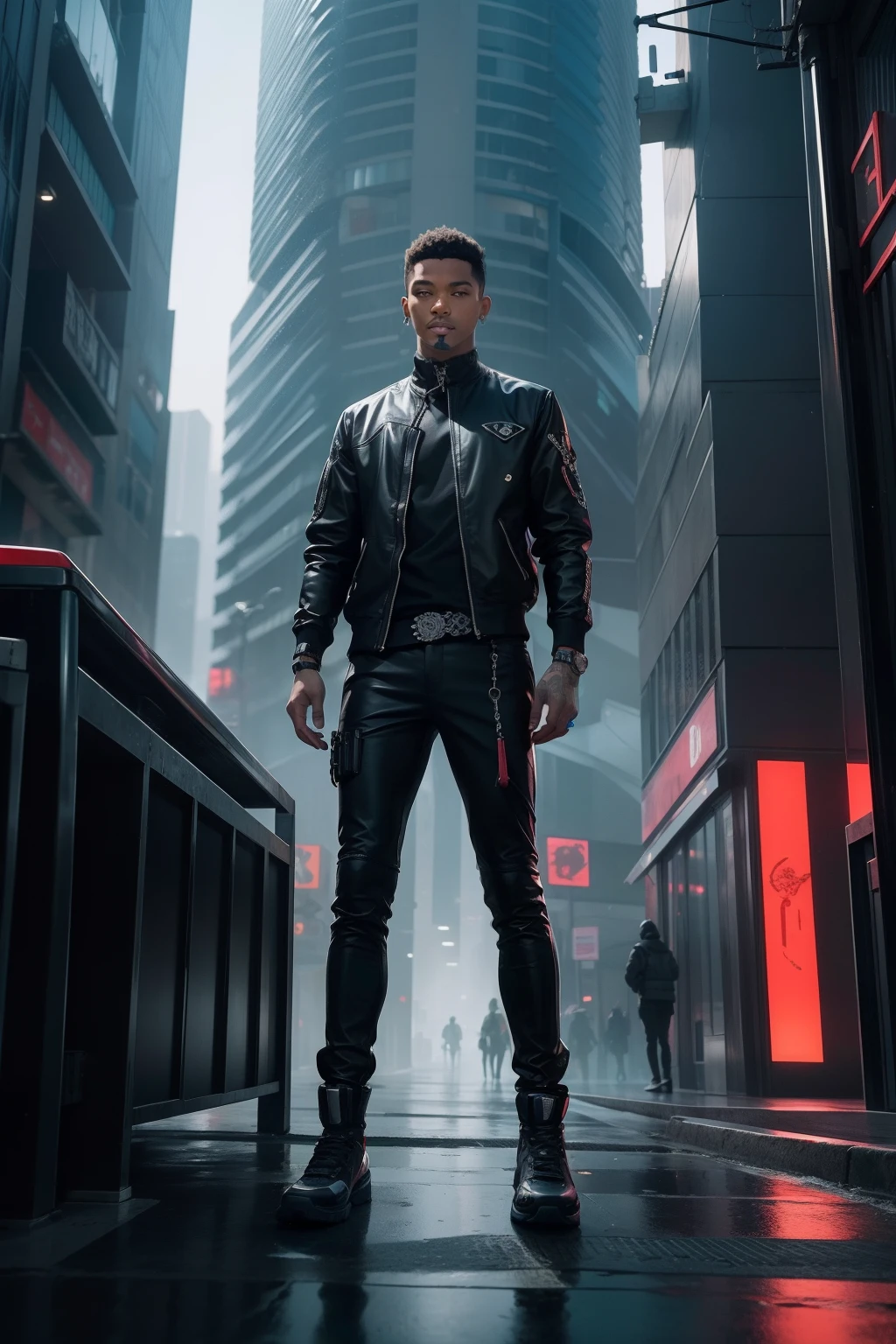 ((( com um homem personagem andando em uma cidade))) a black outfit with my clothing style, my hair style, in the same place as footwear; , inspirada em Hedi Xandt, 2 0 2 0, em , Maxim Sukharev, Cyberpunk))), intriga roupante, Anton Fadeev 8 K, na cidade, Directed by: Hedi Xandt, 1614572159 simetria, um rei preto em correntes de ouro e voltado apenas para a frente, brilho, Preto e branco, fundo branco, sem fundo, linha fina de tinta estilizada, vetor, desenho de tatuagem, African pattern hair, obra-prima, melhor qualidade, A futuristic 8K underwater city, estilo de arquitetura moderna, Foto realista, foto hiper detalhada, sky clear, cidade arruinada, Cyberpunk, Chuva