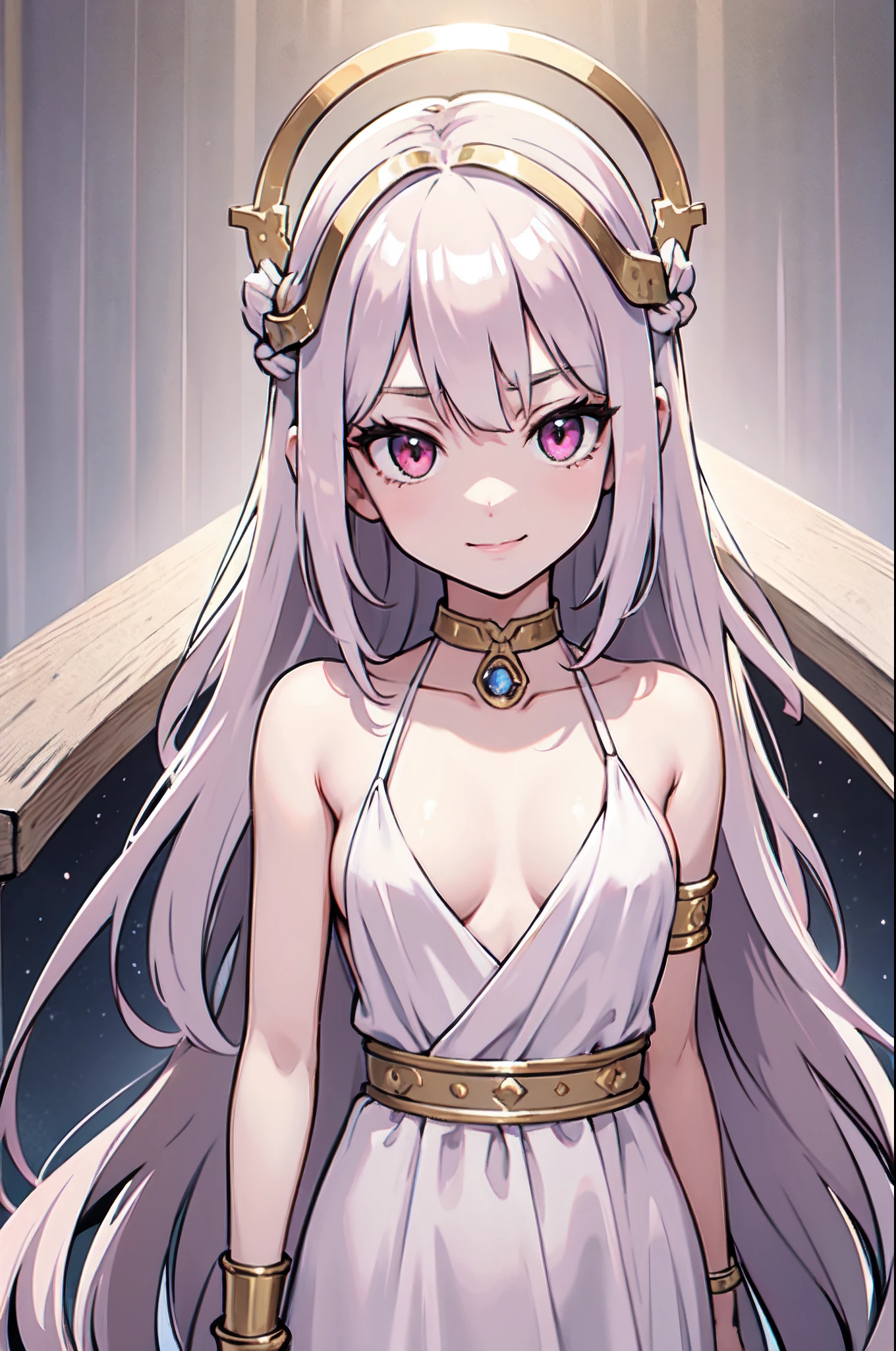 masterpiece, best quality, 16k, 1girl, solo, long hair, light hair, wavy hair, platinum hair, hair bangs, petite, (small breasts:1.1), rating:safe, pink eyes, hair between eyes, evil smile, wearing a peplos, ancient greek dress, gold bracelets, arms behind back, head tilt, evil queen, royalty, goddess, majestic, winter, winter forest, face only, upper body