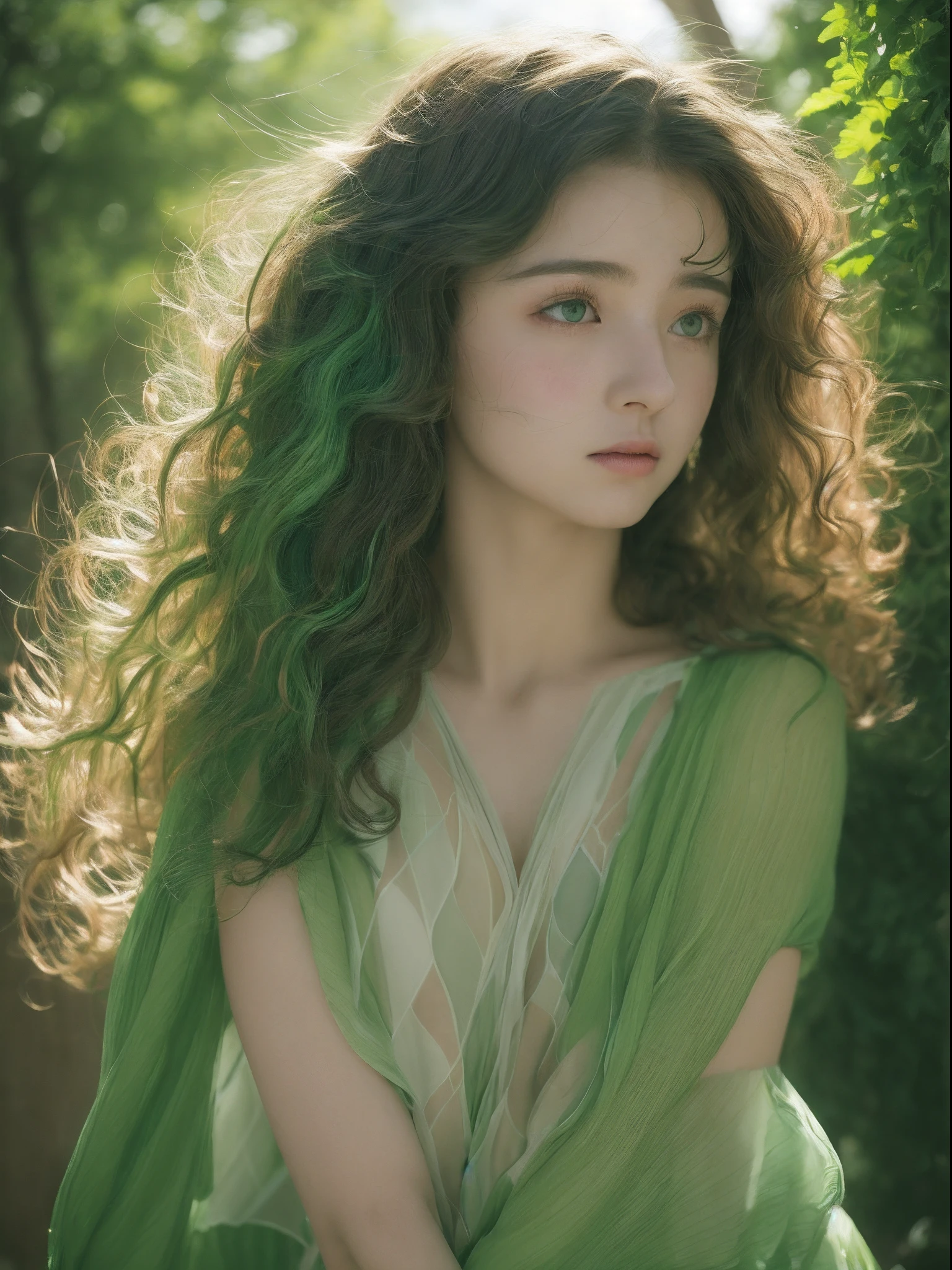 the Extremely Detailed CG Unity 8K Wallpapers、top-quality、ultra-detailliert、​masterpiece、studio shoot、Upper body portrait、close up of face、(Green and pale green multicolor chiffon lashing dress:1.4), realisitic、Behind the photo、realisitic、Photo Real、extremely detailed cute girl、japanes、独奏、sixteen years old、Melancholy look, (Craven's Love Tunnel:1.2), Magnificent view、Black and green multi-colored head hair, Curly Bobcat, strong breeze、Swaying hair、out of focus、blur、Fantasy works、With dynamic composition、The tree々Light from the sun passing between、Magic light soars into the air、