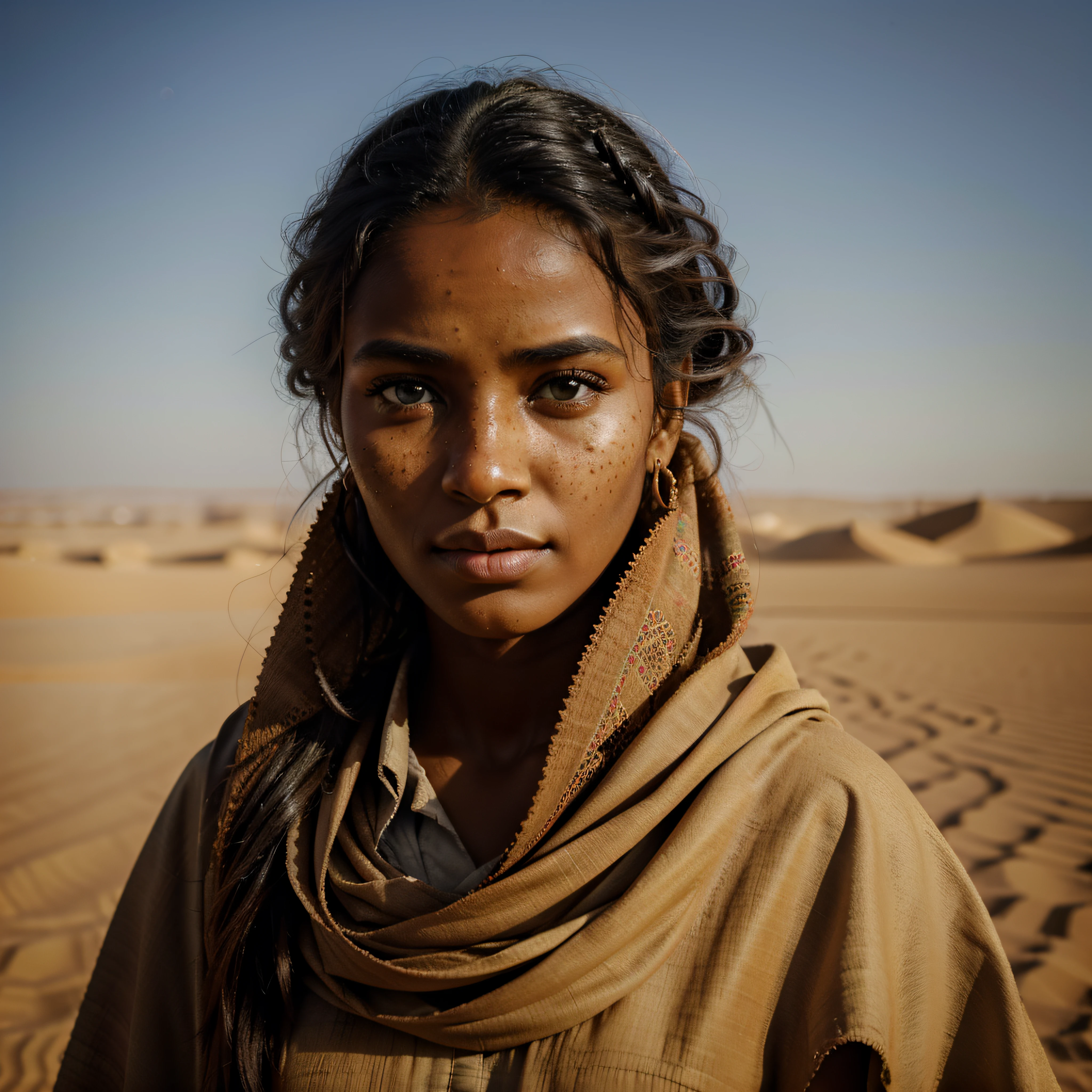 (raw photograph, masterpiece, uhd, 8k, shallow depth of field, colour graded, cold colours, low contrast, shallow black colour, narrow angle, rule of thirds), a dynamic portrait of one somali woman in desert clothes during a sandstorm, long shabby hair, (freckles, natural skin), defined facial features, desert background, dusty atmosphere, intricate clothing details, complex character, authentic facial expression evoking emotions, deep gaze, detailed eyes