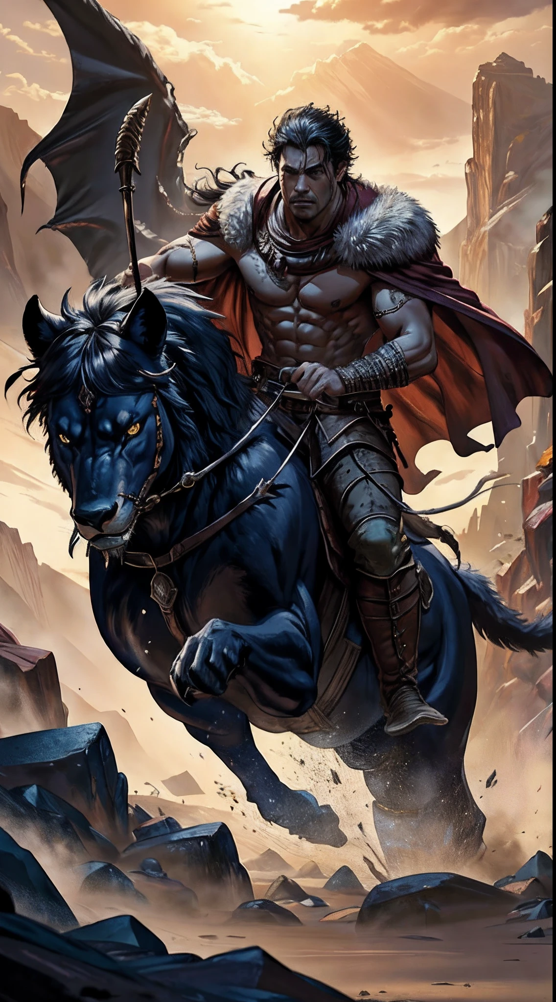 dungeons and dragons, epic movie poster, Barbarian, broad body, muscular, black hair, short hair, men with cape charging into battle,
riding a vicious ice [wolf|lion] beast leather (windy dust debris storm:1.1) volumetric lighting, dense fog, depth mist, wasteland, stones, dry earth, cracks in ground, very bright morning sunlight from side, (masterpiece) (best quality) (detailed) (8k) (cinematic lighting) (sharp focus) (intricate),