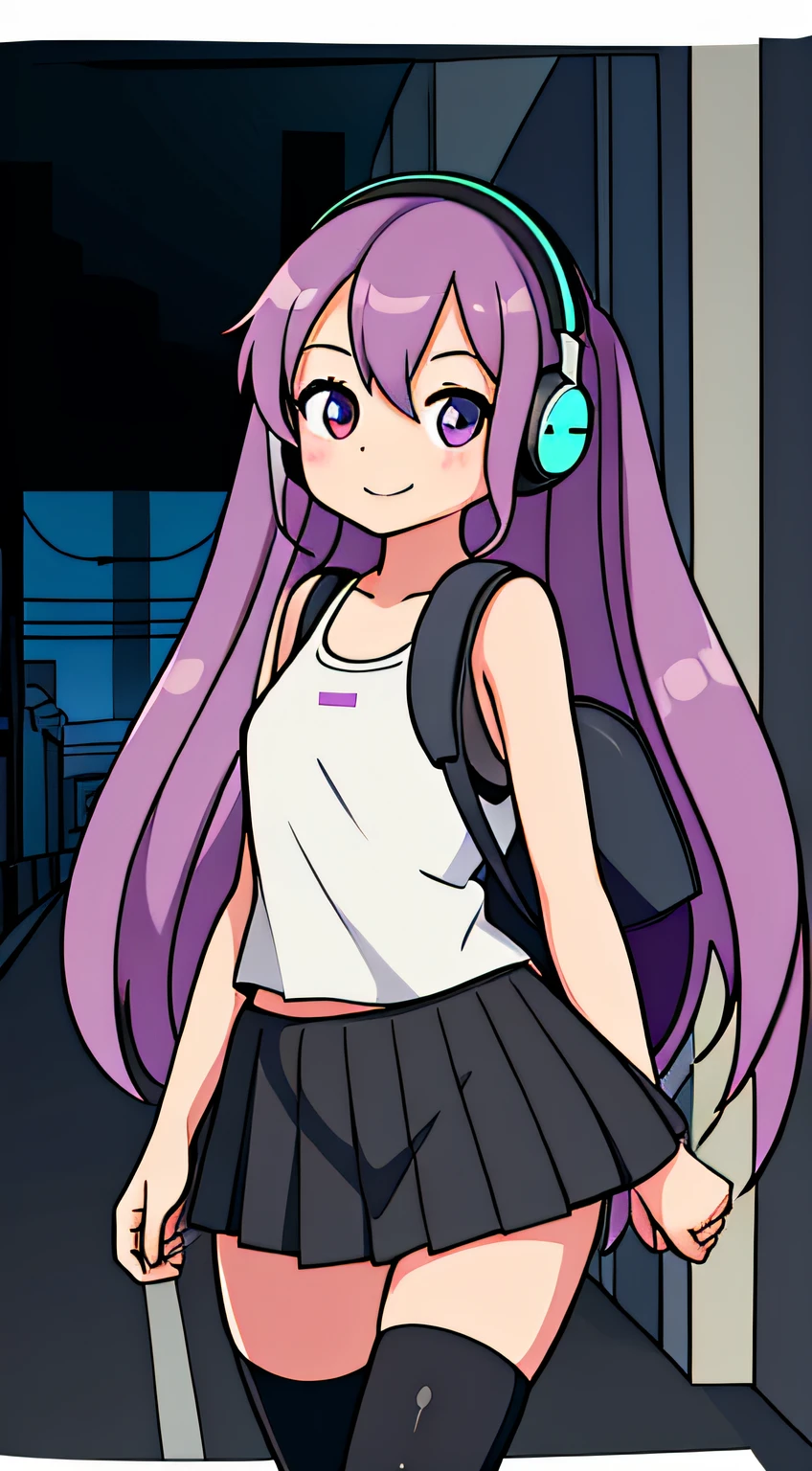 One Girl, Long Hair, Tank Top, Thigh High Socks, Skirt, Headphones, Walking On Street, Smiling, backpack, Headphones, hourglass figure, lineart