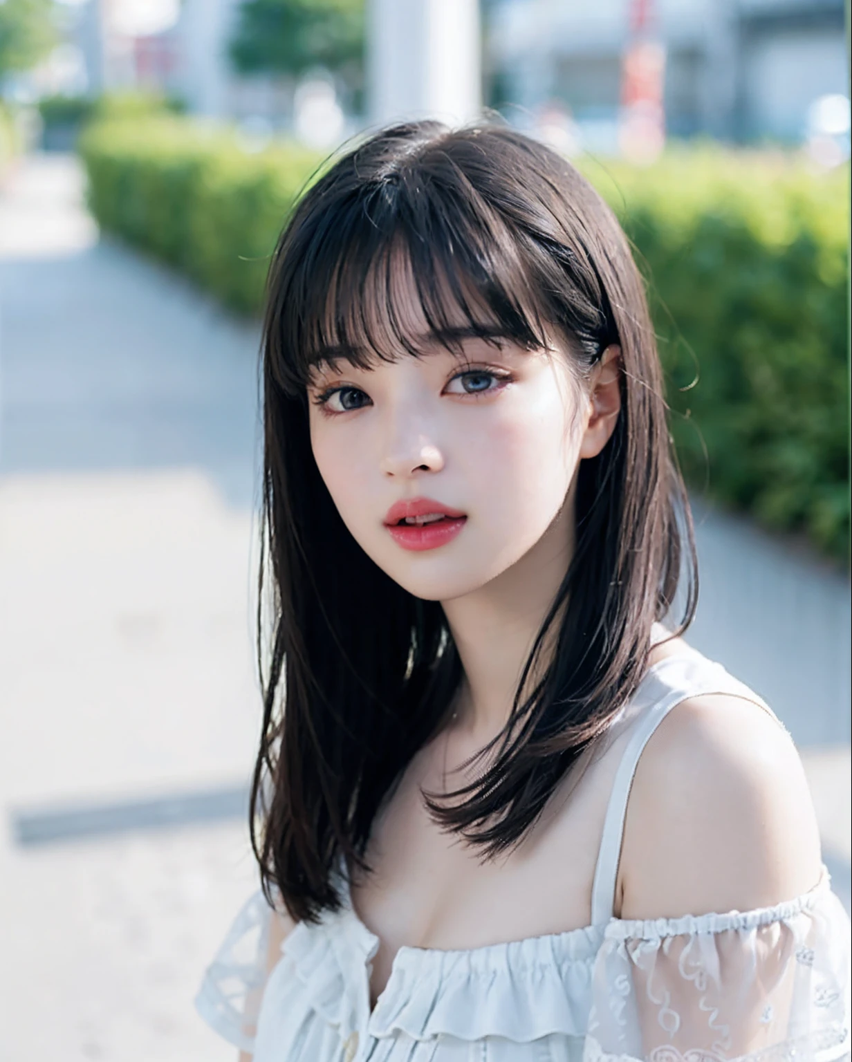 Top Quality, Photorealistic, 8K, High Definition, 1 Girl, Woman, (Portrait: 0.6), Gorgeous, (Upper Body, Big: 1.8)), (Revealing Off-Shoulder Lace Lingerie))), (Short Bob P: 1.5, Parted Bangs: 1.6), Watch Viewer, (1 Girl's Eyes) Viewer: 1.6), Photorealistic, (Bokeh), ( Floating hair, lips, open mouth: 1.43), gorgeous, pureerosface_v1: 1,
